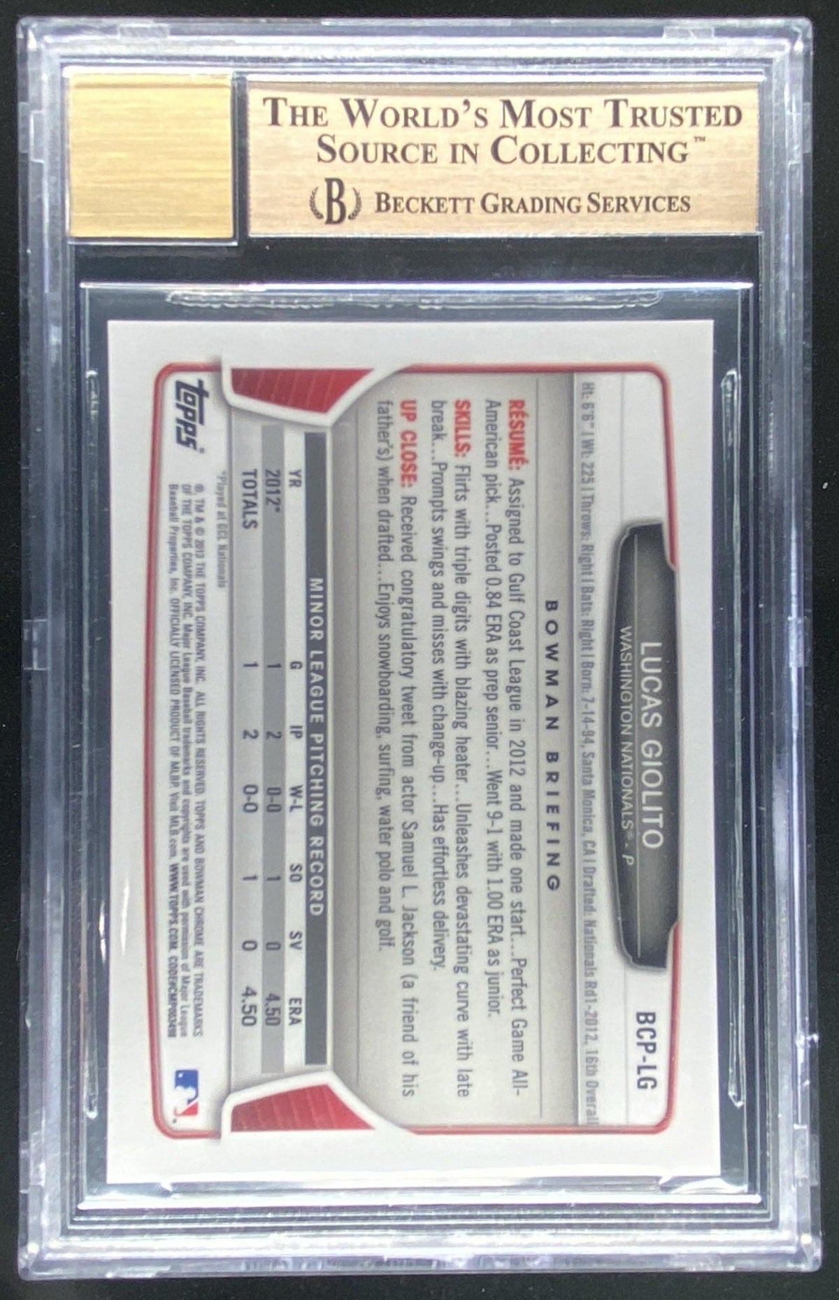 2013 Bowman Chrome Lucas Giolito #LG graded BGS 9.5 Auto 10 trading card