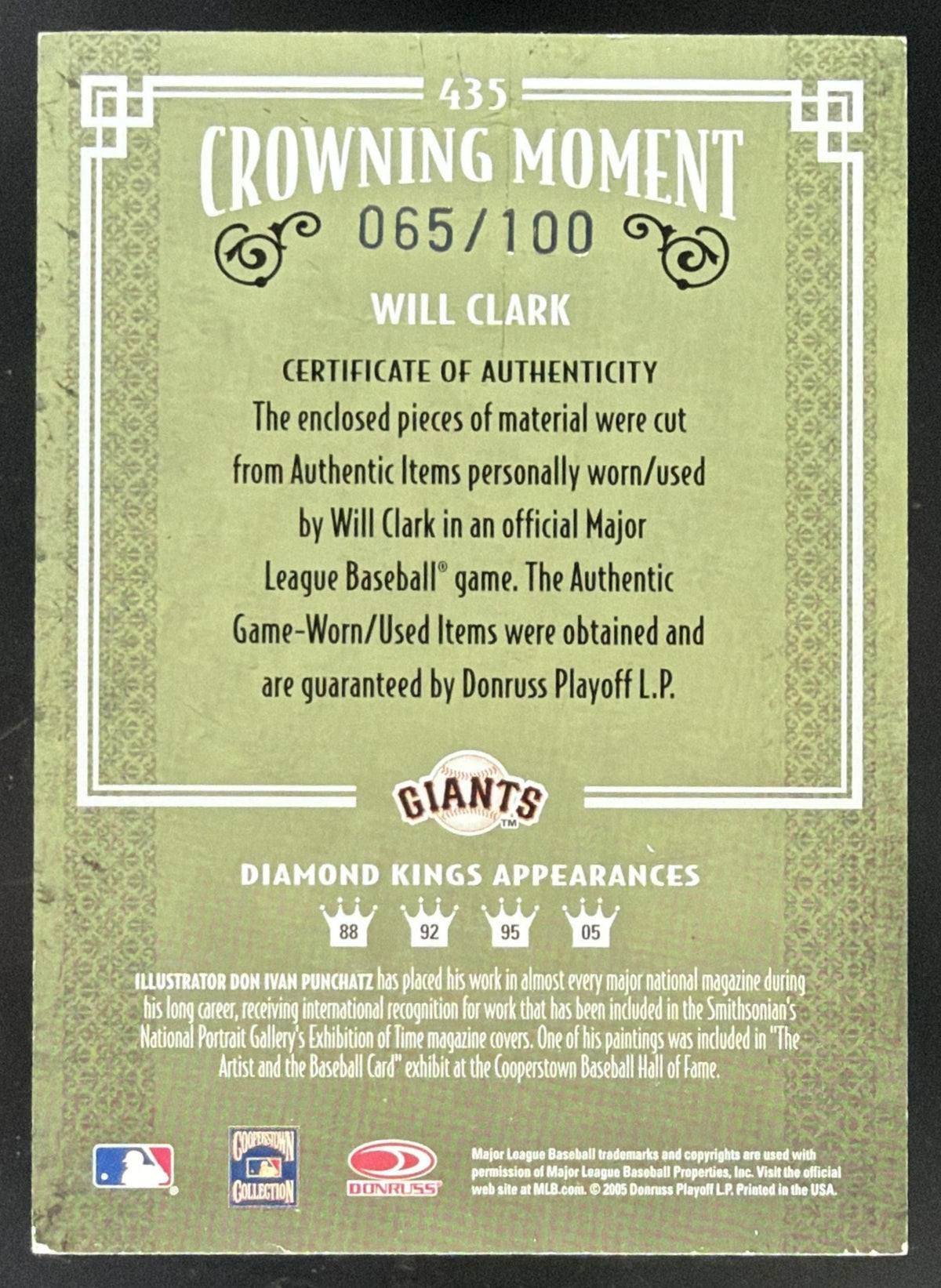 2005 Donruss Diamond Kings Framed Blue Will Clark Jersey Bat /100