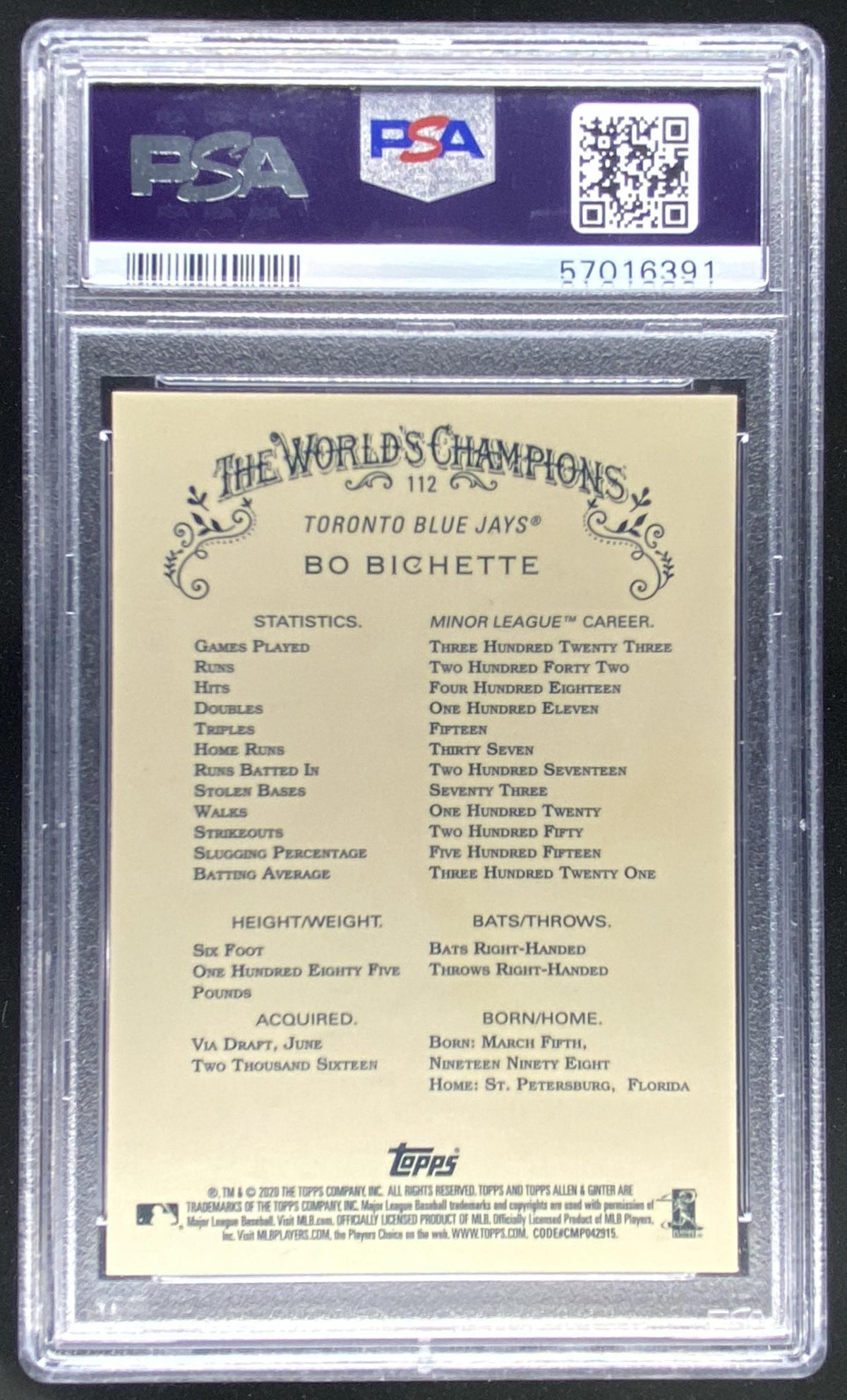 2020 Topps Allen & Ginter Chrome Bo Bichette #112 graded PSA 10 trading card