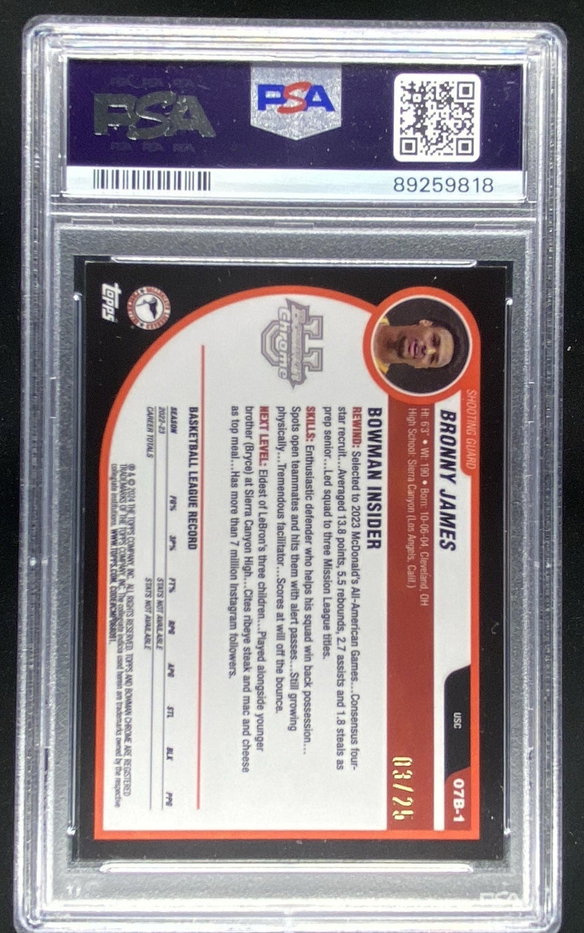 2023 Bowman University Chrome Bronny James #07B1 graded PSA 8 trading card