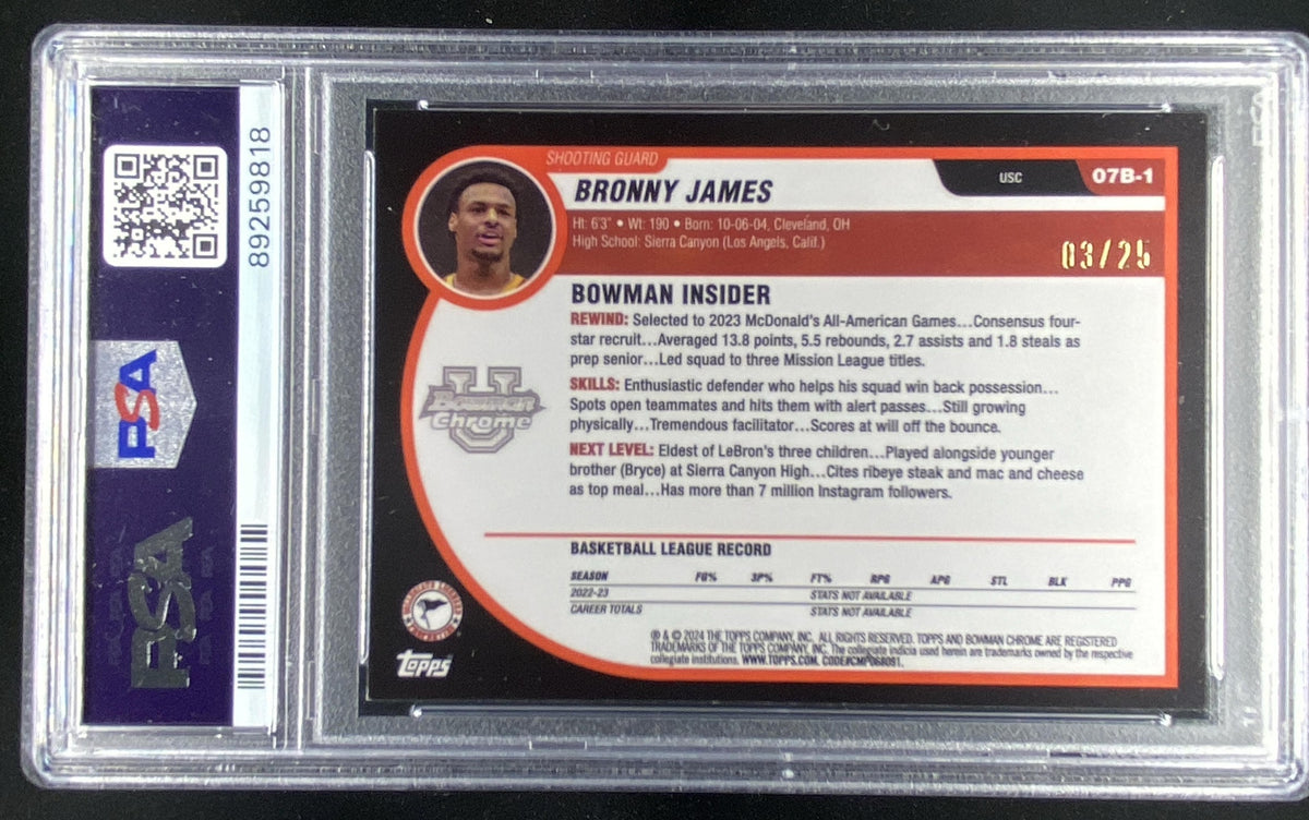 2023 Bowman University Chrome Bronny James #07B1 graded PSA 8 trading card