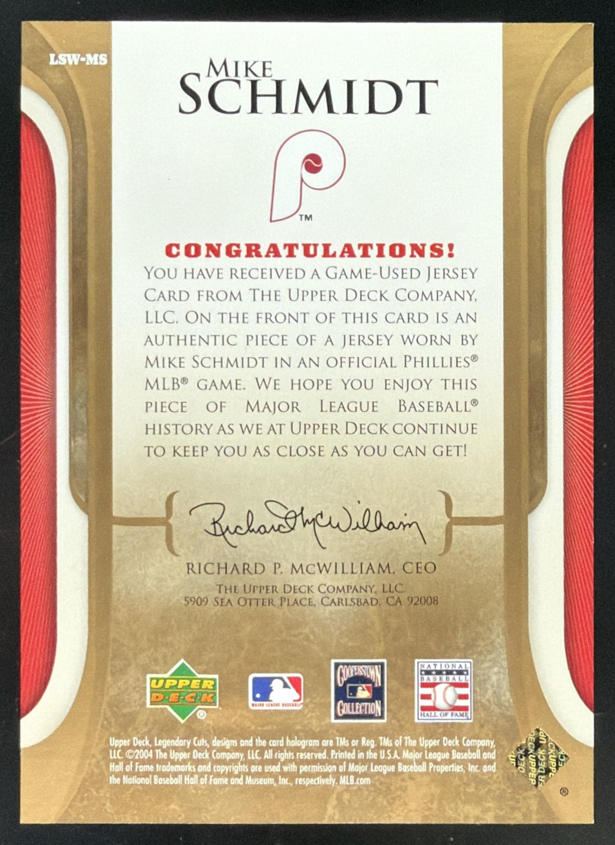 2004 SP Legendary Cuts Legendary Swatches Mike Schmidt Jersey