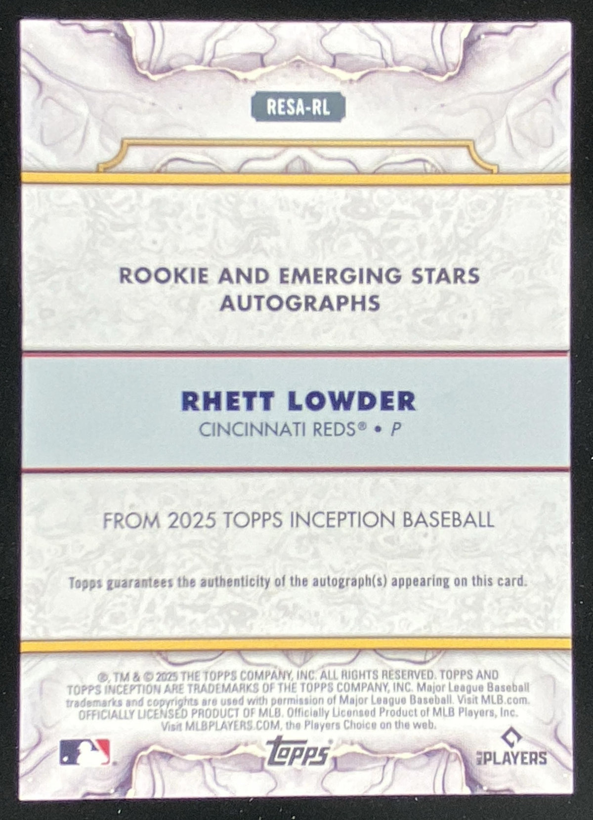 2025 Topps Inception Rhett Lowder #RESA-RL trading card