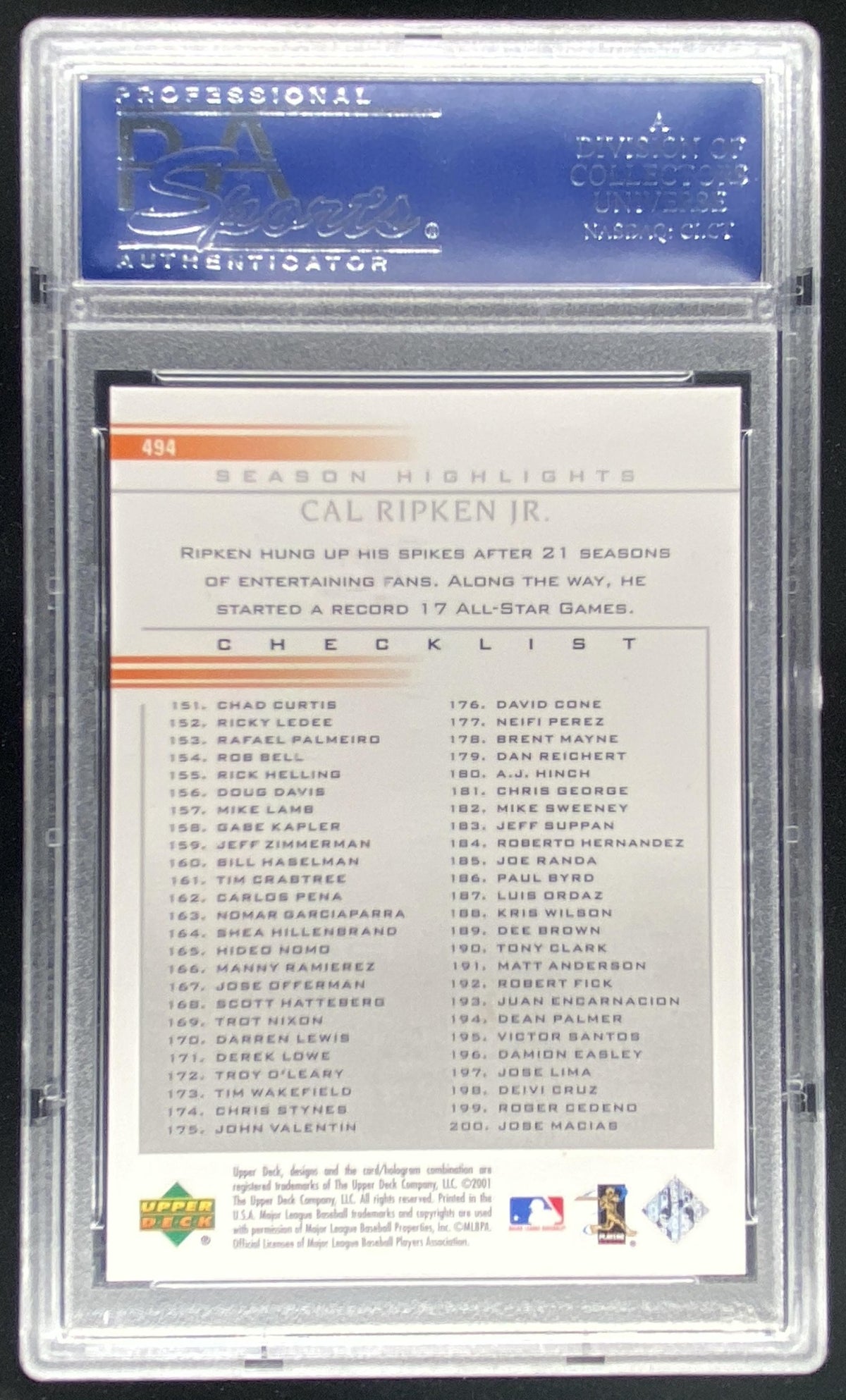 2002 Upper Deck Cal Ripken Jr. #494 graded PSA 10 trading card