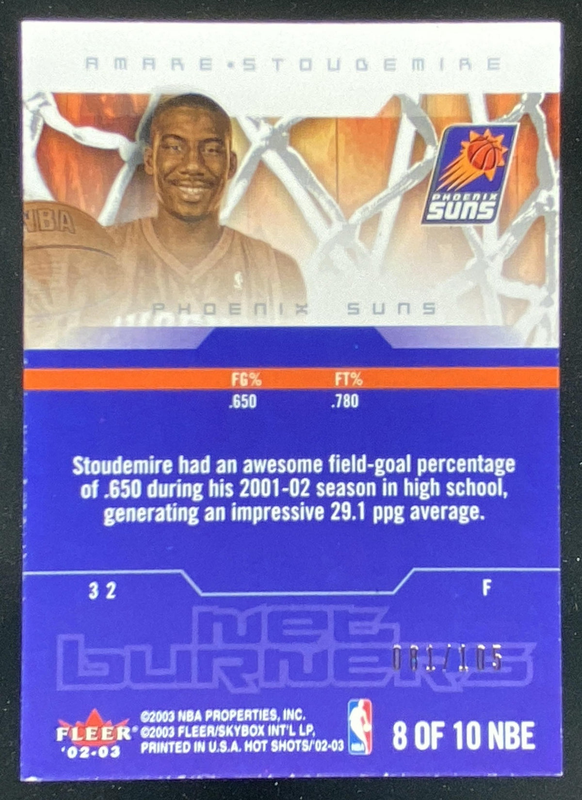 2002 Fleer Hot Shots Amare Stoudemire #8 trading card