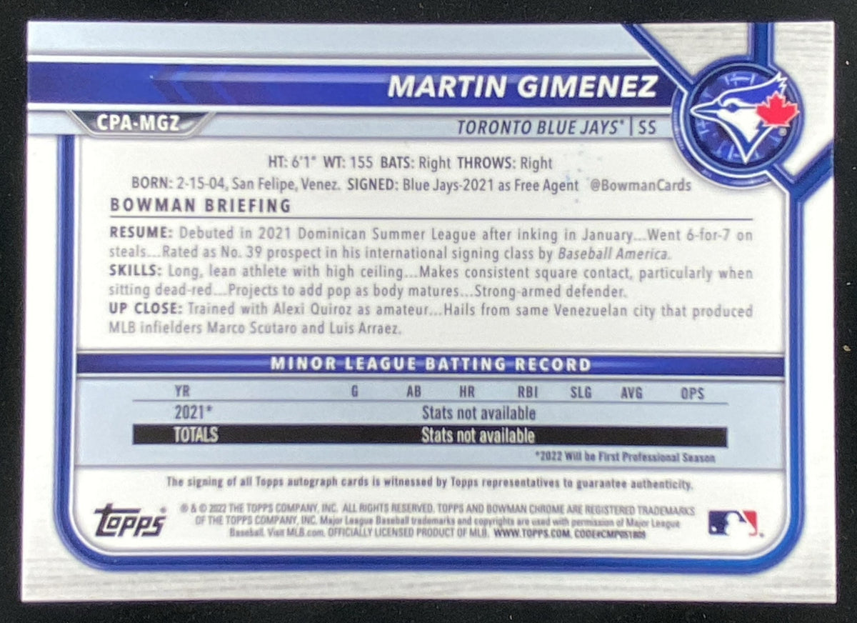 2022 Bowman 1st Martin Gimenez #CPA-MGZ trading card