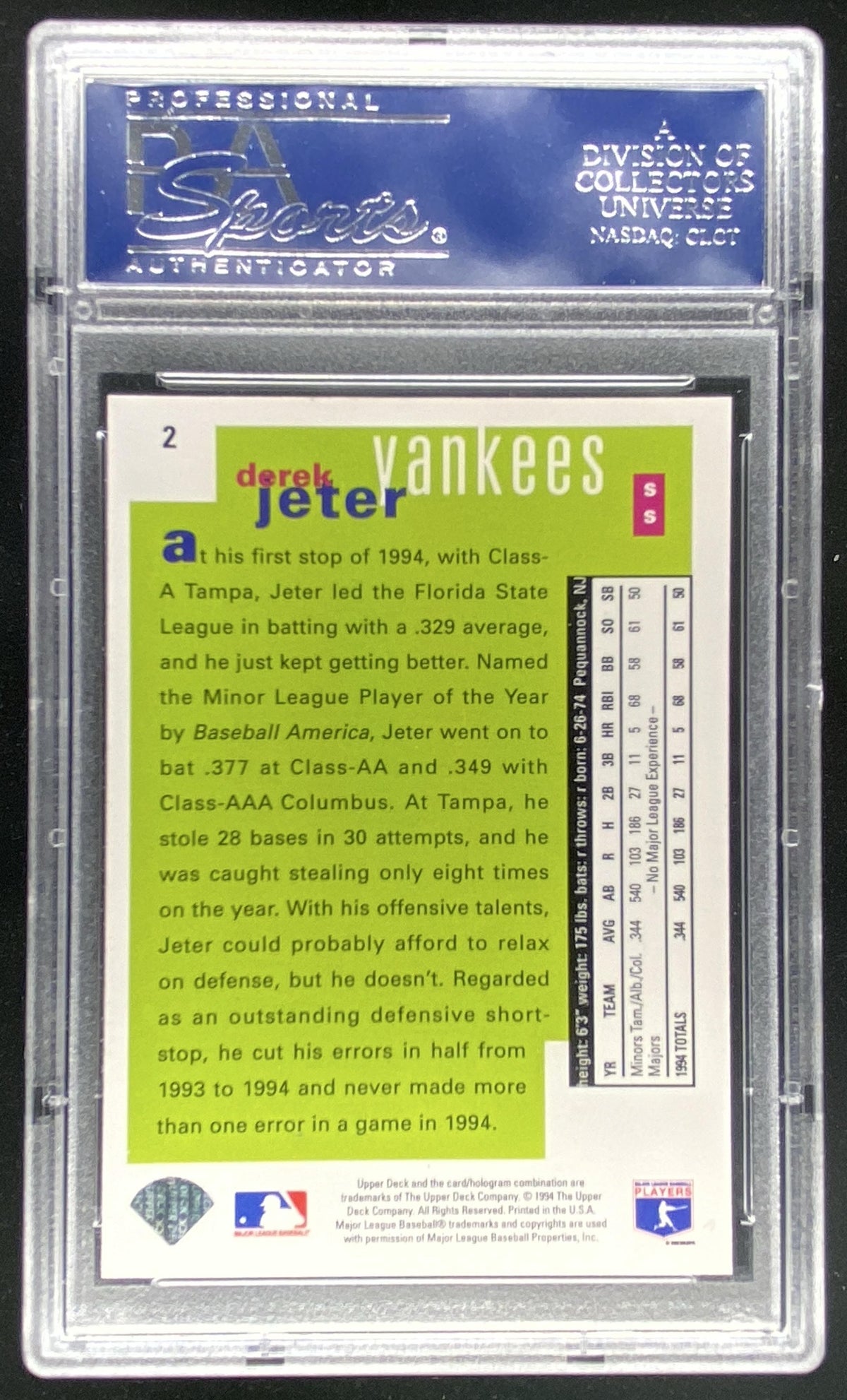 1995 Upper Deck Collector's Choice SE Derek Jeter #2 graded PSA 10 trading card