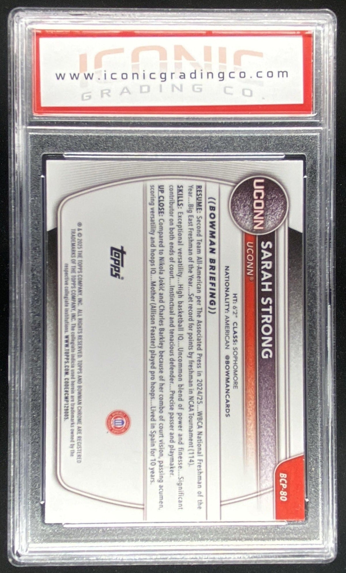 2025 Bowman Chrome Sarah Strong #BCP-80 graded ICONIC 10 trading card