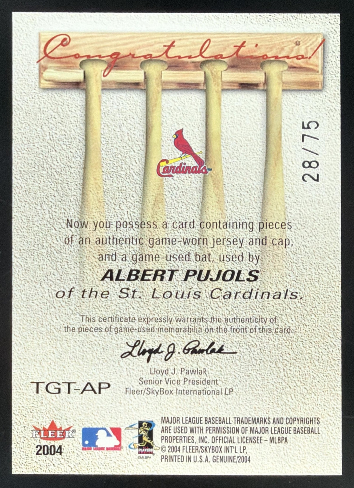 2004 Fleer Genuine Insider Tools of the Game Albert Pujols Triple Relic /75
