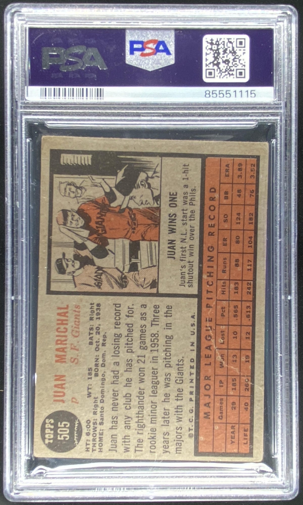 1962 Topps Juan Marichal #505 graded PSA 2 trading card