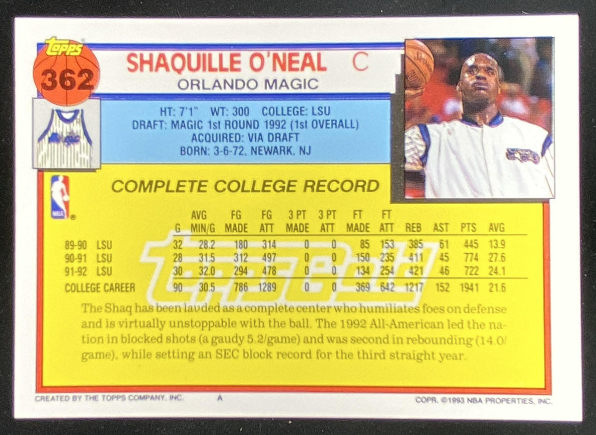 1992 Topps Shaquille O'Neal #362 trading card