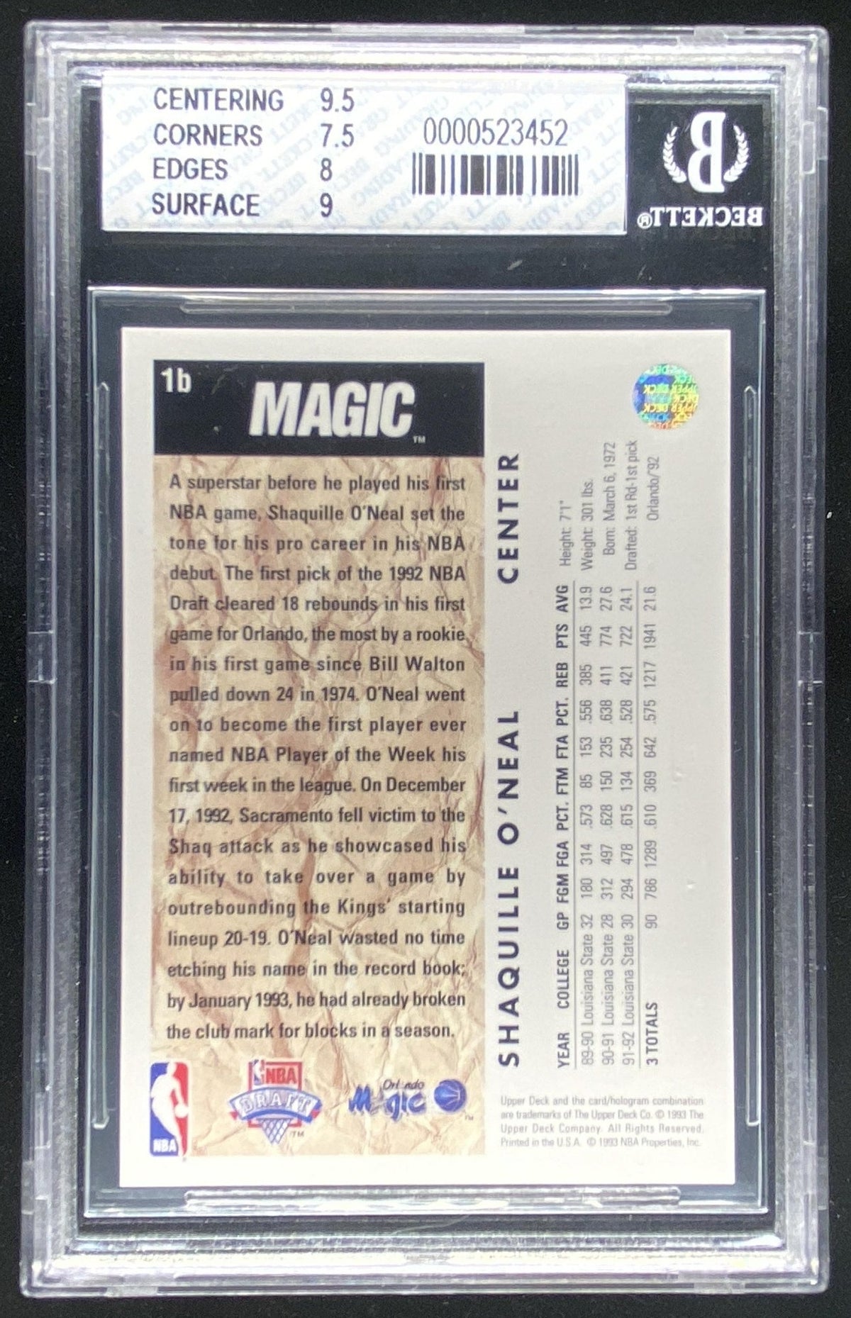 1992 Upper Deck Shaquille O'Neal #1B graded BGS 8 trading card