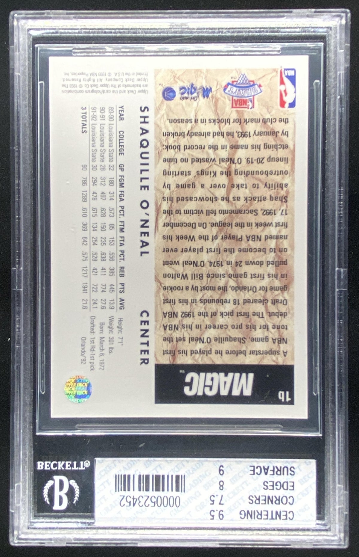 1992 Upper Deck Shaquille O'Neal #1B graded BGS 8 trading card