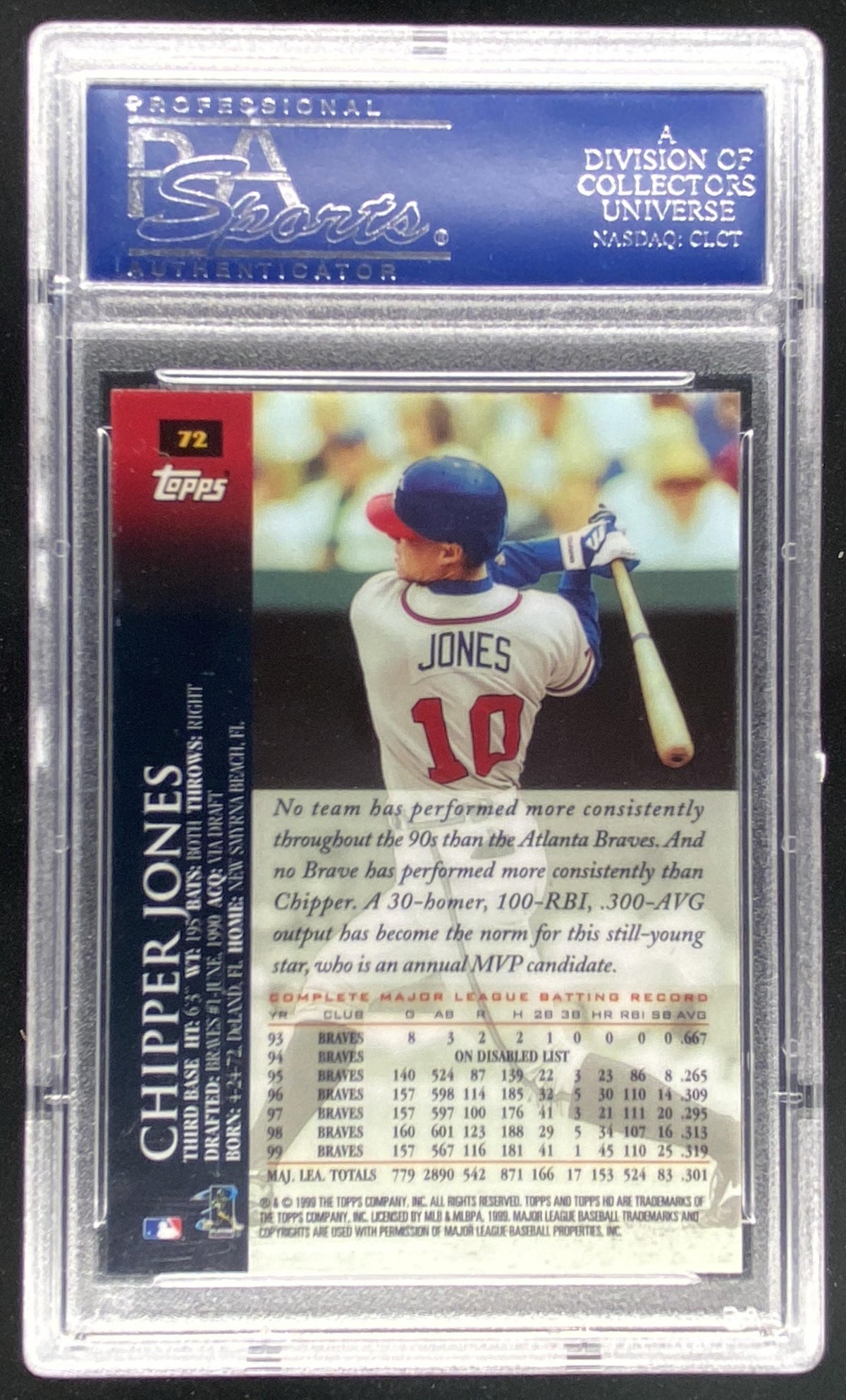 2000 Topps HD Chipper Jones #72 graded PSA 10 trading card