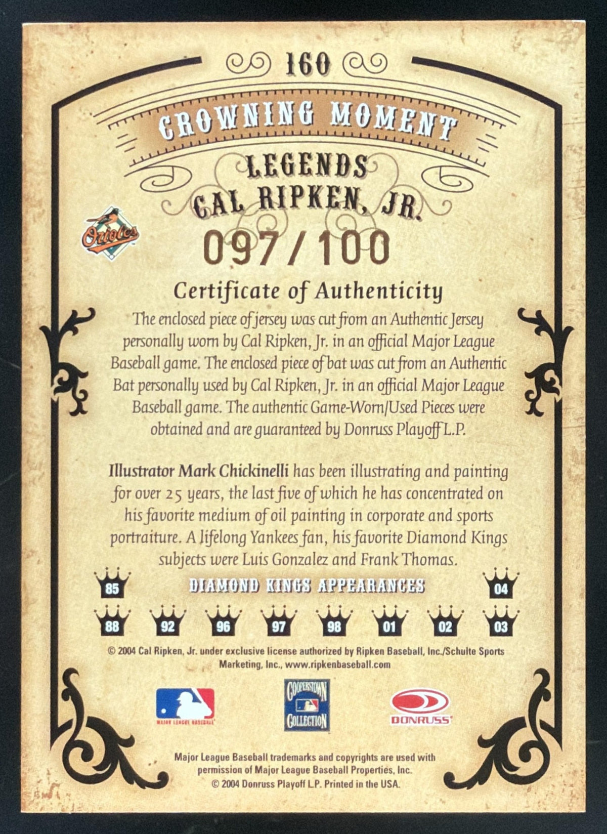 2004 Diamond Kings Bronze Legends Cal Ripken Jr. Jersey Bat /100
