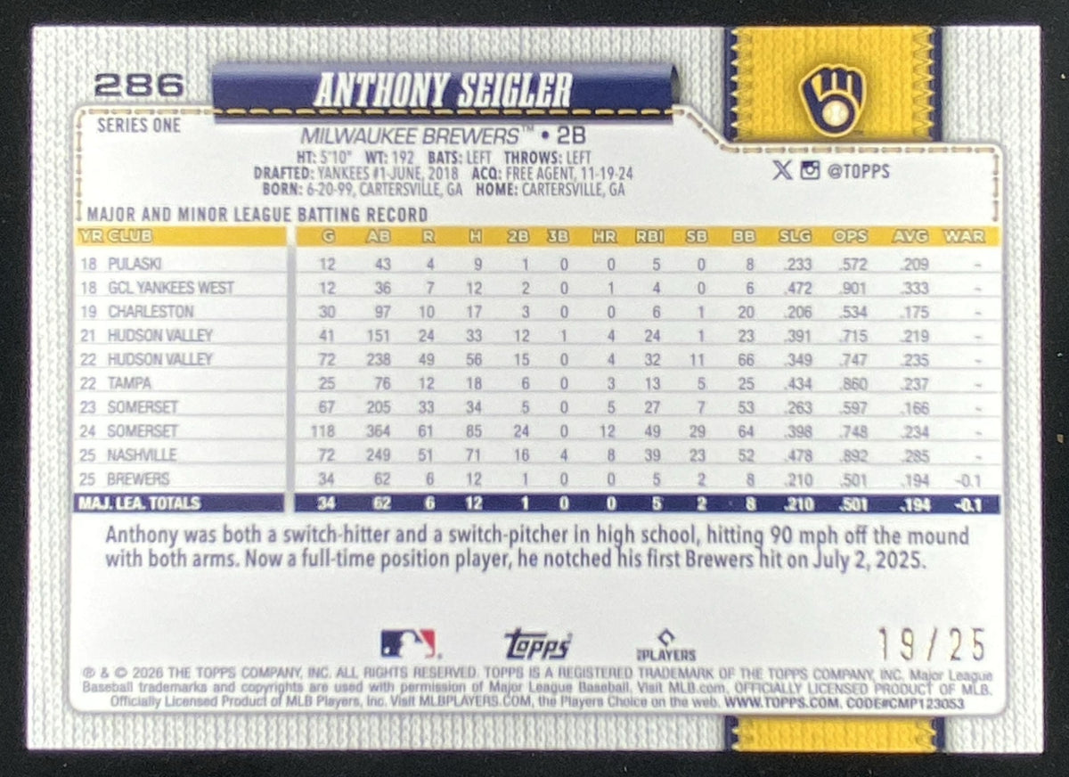 2026 Topps Series 1 Anthony Seigler #286 trading card