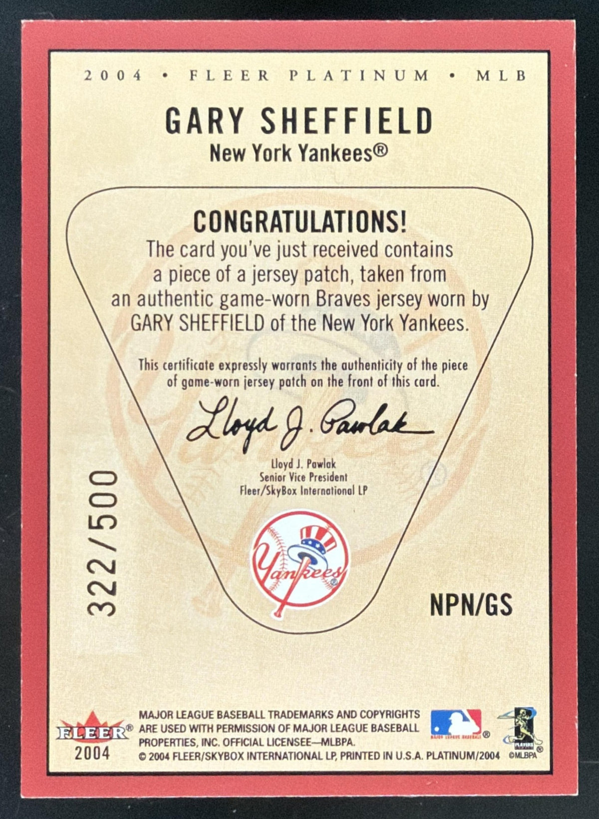 2004 Fleer Platinum Nameplates Gary Sheffield Patch /500