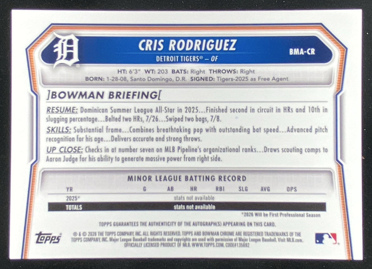 2026 Bowman Mega Box Cris Rodriguez #BMA-CR trading card