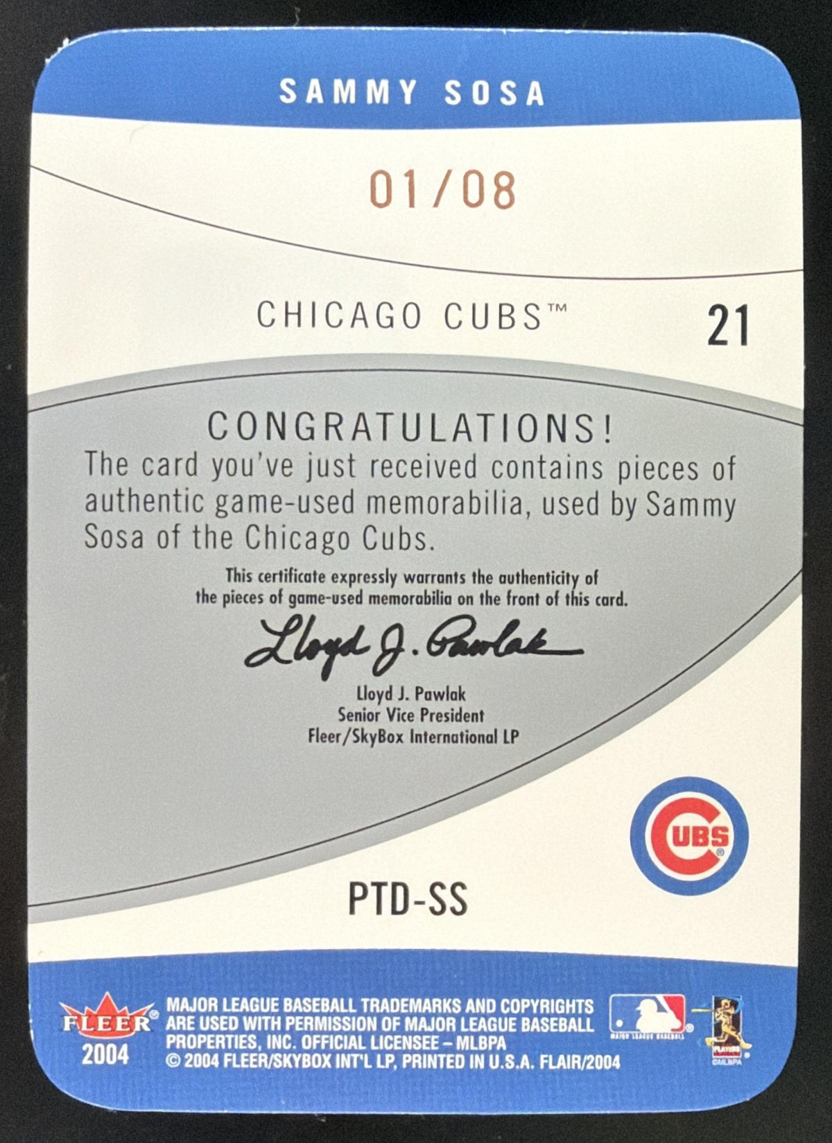 2004 Flair Power Tools Copper Die Cut Sammy Sosa Jersey Bat /8