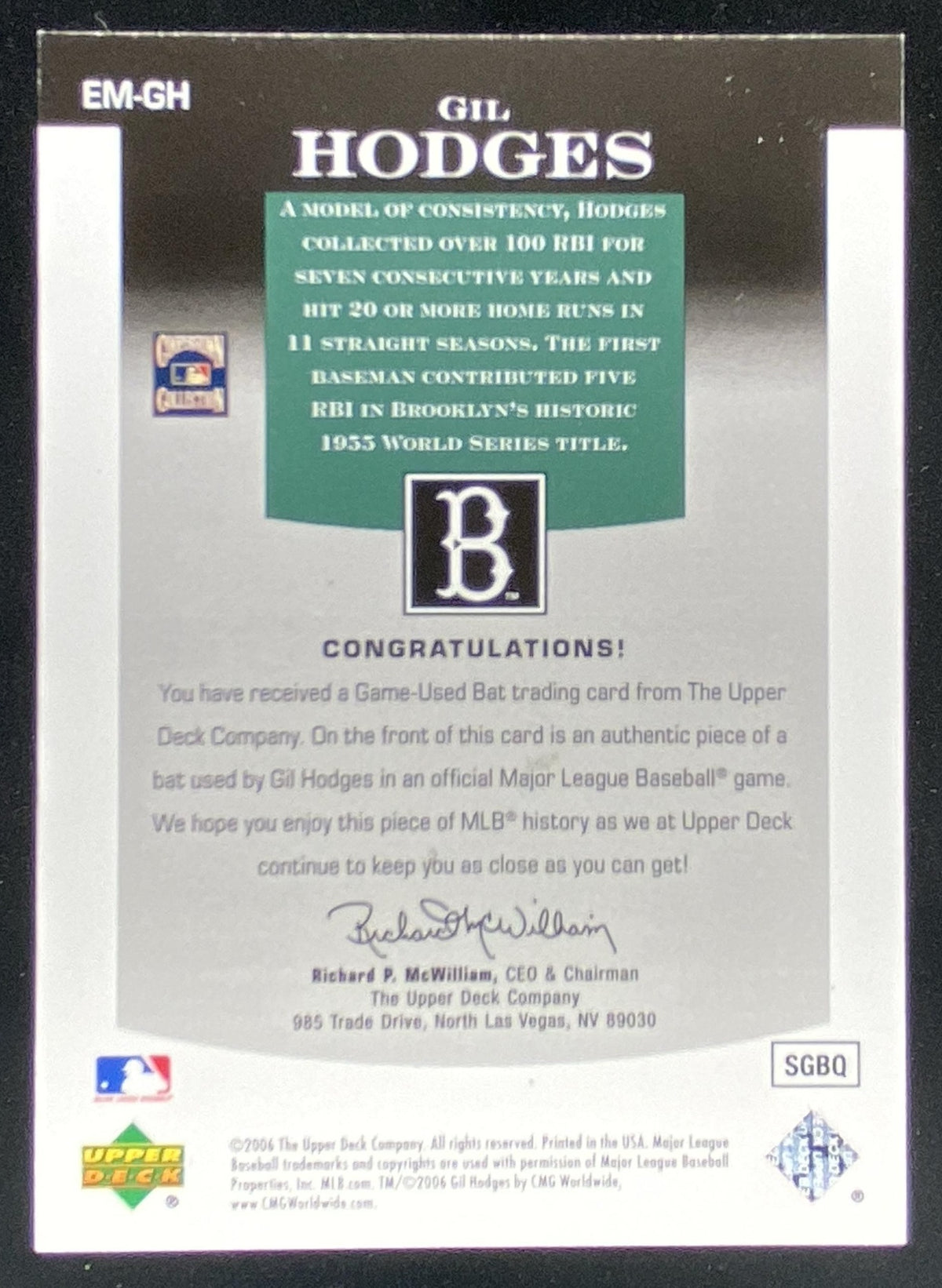 2006 Upper Deck Epic Gil Hodges #EH-GH trading card