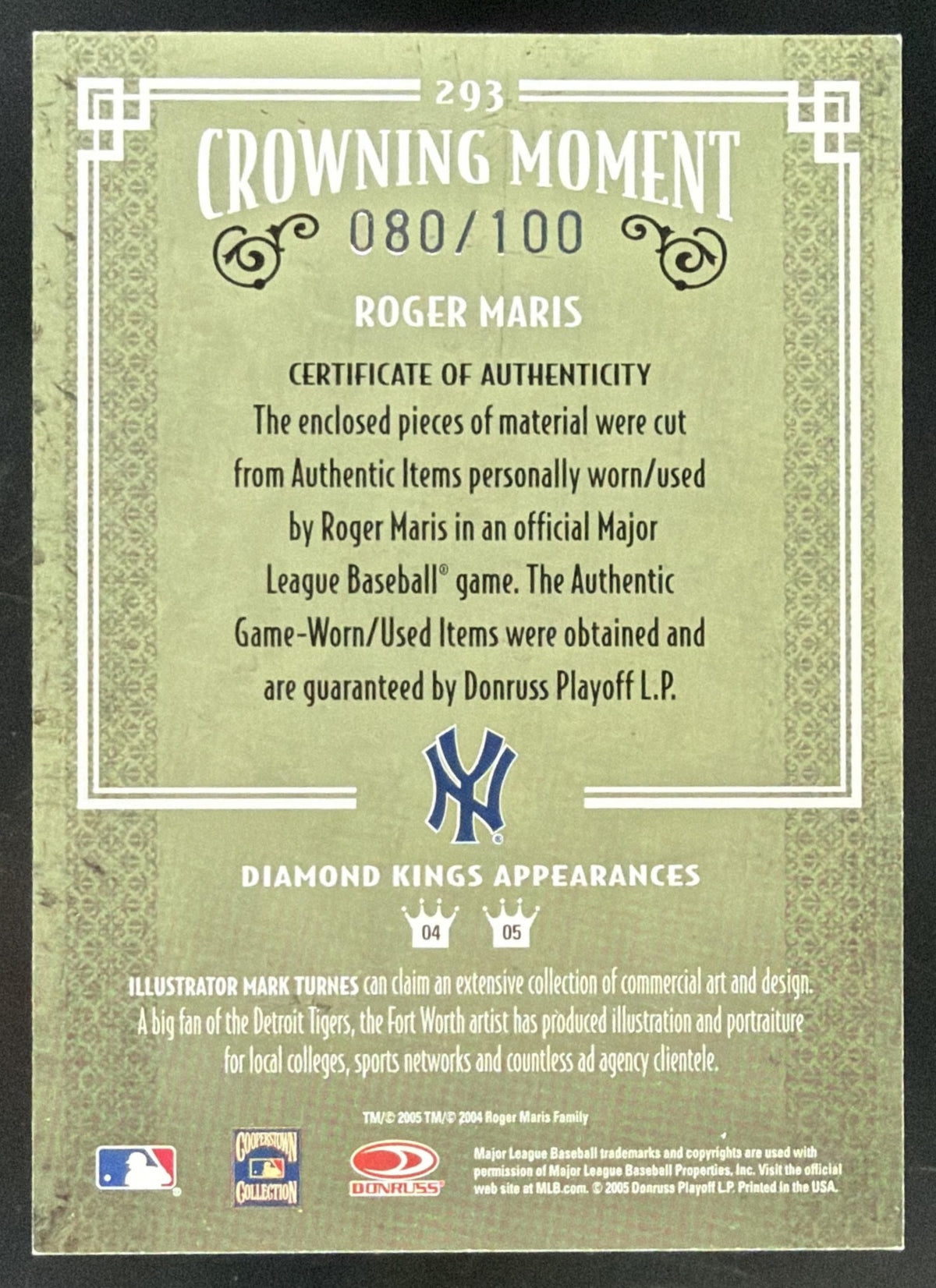 2005 Donruss Diamond Kings Framed Red Roger Maris Jersey Bat /100