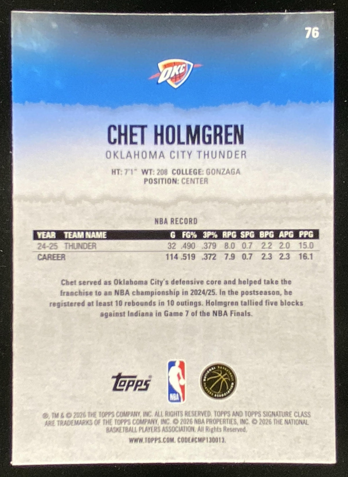 2025 Topps Signature Class Chet Holmgren #76 trading card