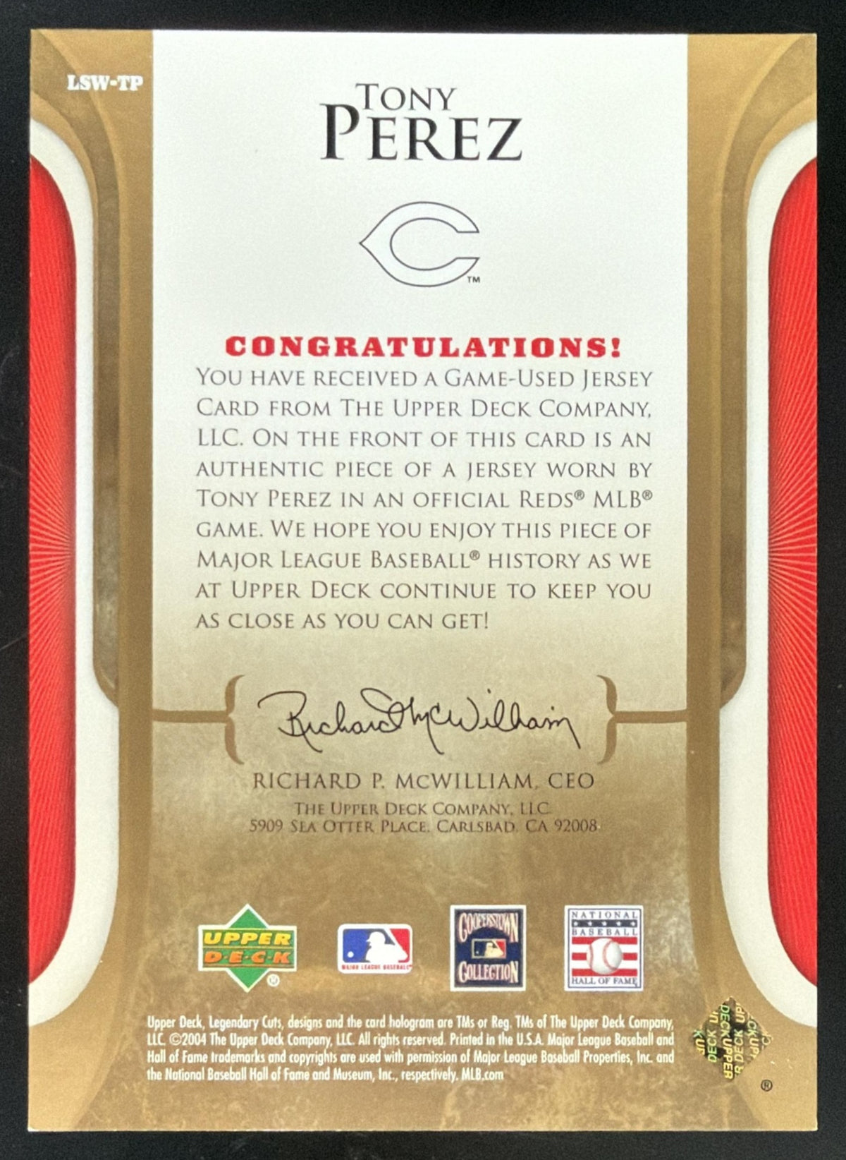 2004 SP Legendary Cuts Legendary Swatches Tony Perez Jersey