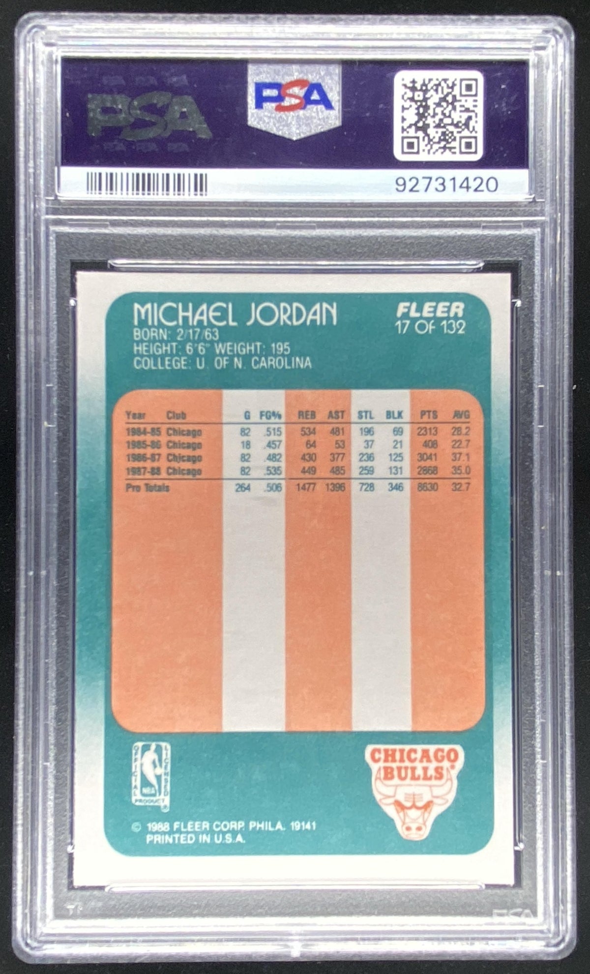 1988 Fleer Michael Jordan #17 graded PSA 9 trading card
