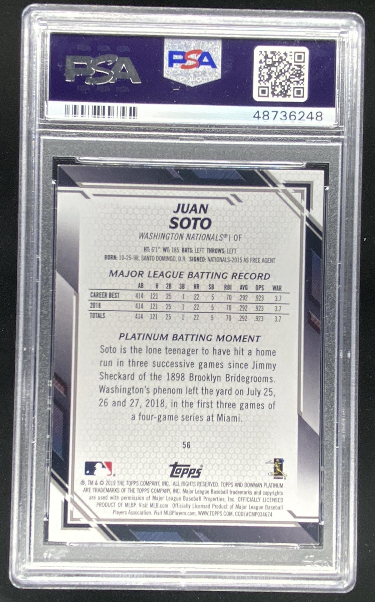 2019 Bowman Platinum Juan Soto #56 graded PSA 9 trading card