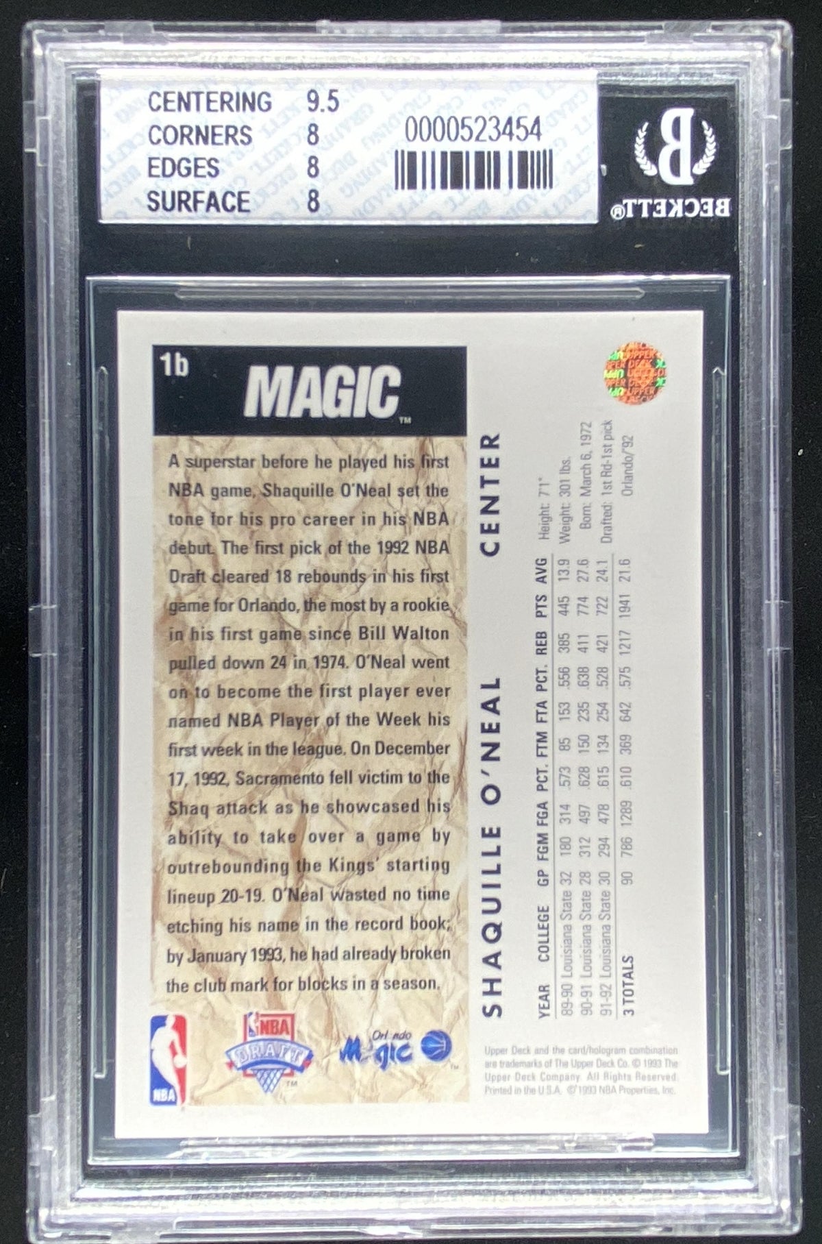 1992 Upper Deck Shaquille O'Neal #1B graded BGS 8 trading card
