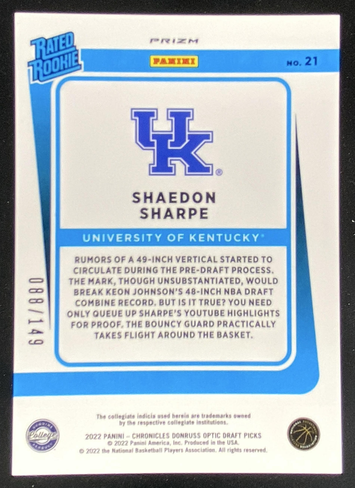 2022 Panini Chronicles Draft Picks Shaedon Sharpe trading card