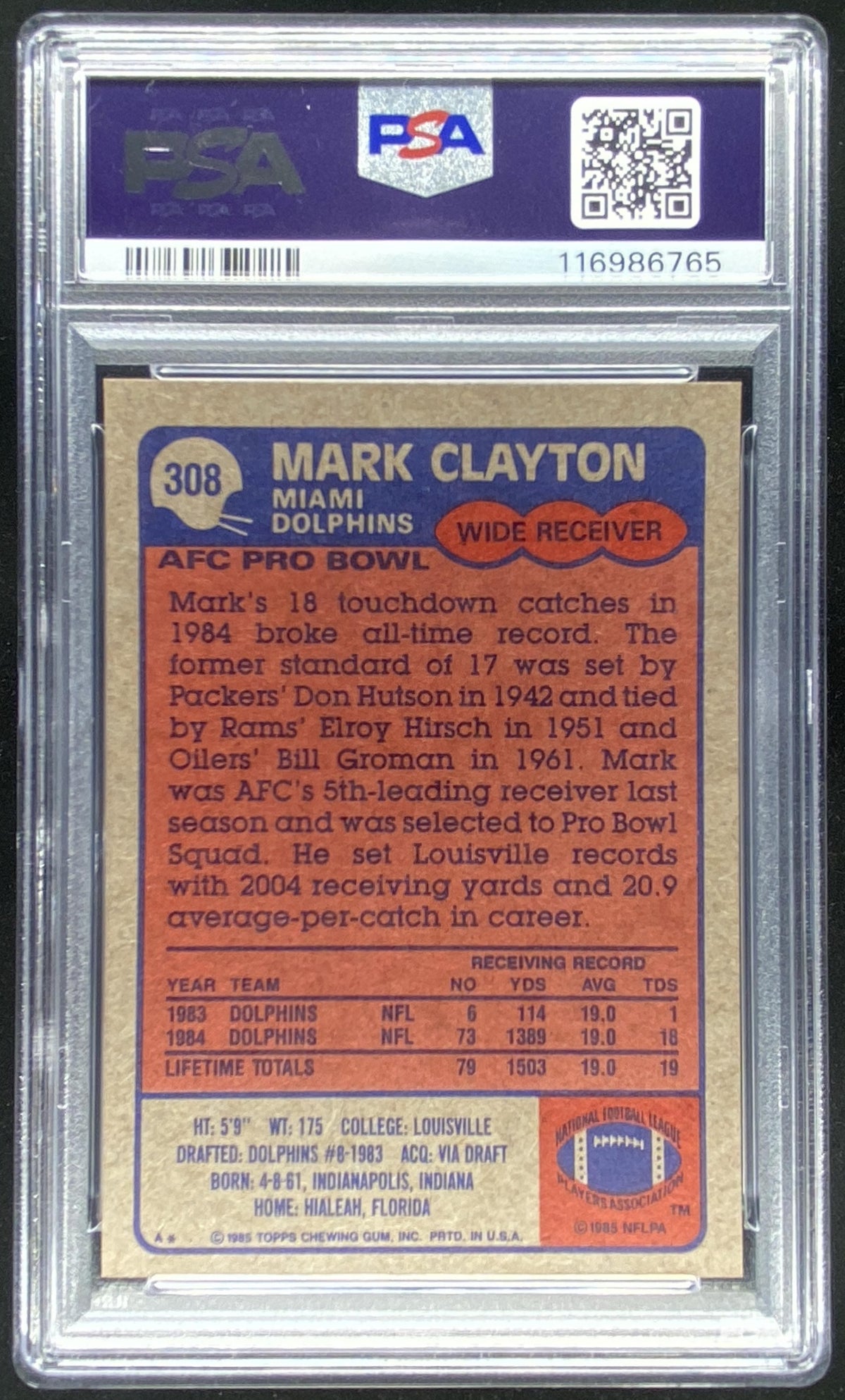 1985 Topps Mark Clayton #308 graded PSA 8 trading card