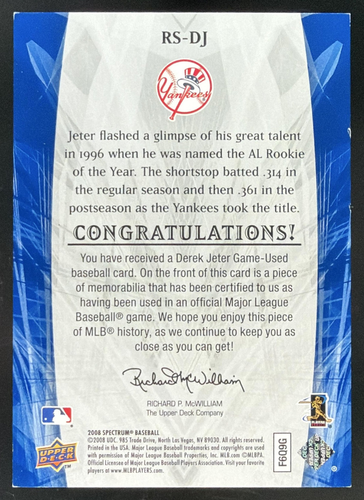 2008 Upper Deck Spectrum Retrospectrum Swatches Derek Jeter Jersey