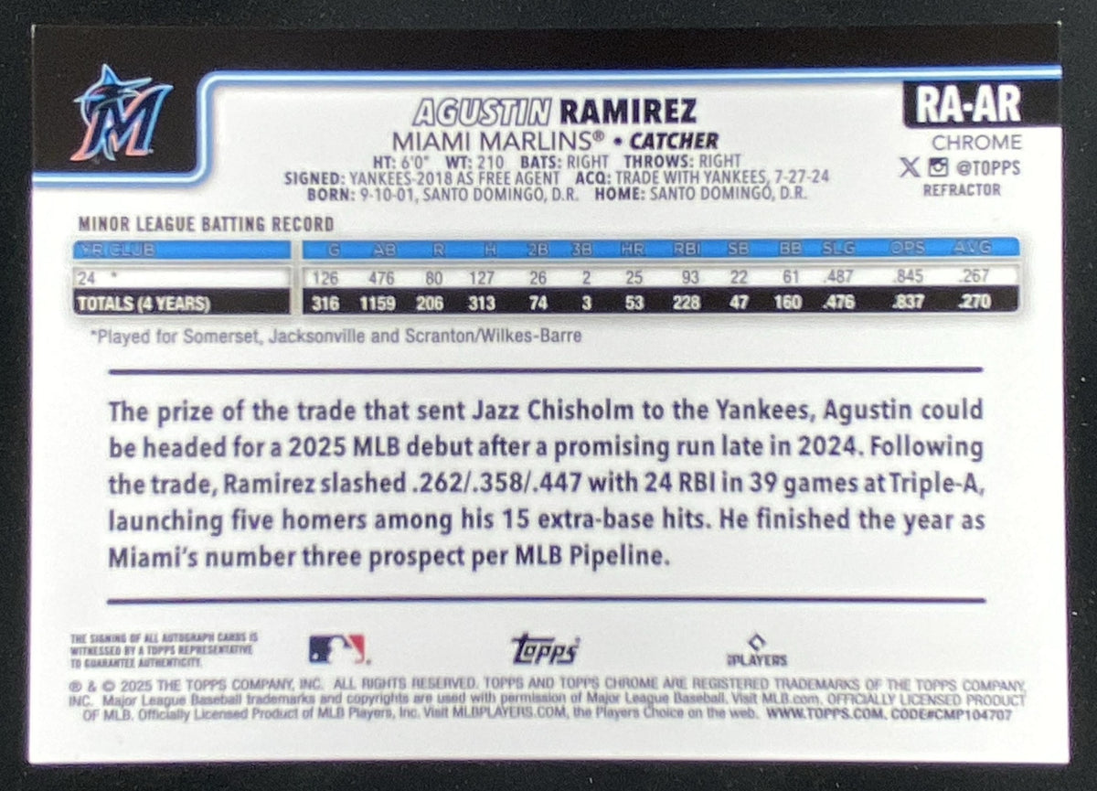 2025 Topps Chrome Update Agustin Ramirez #RA-AR trading card