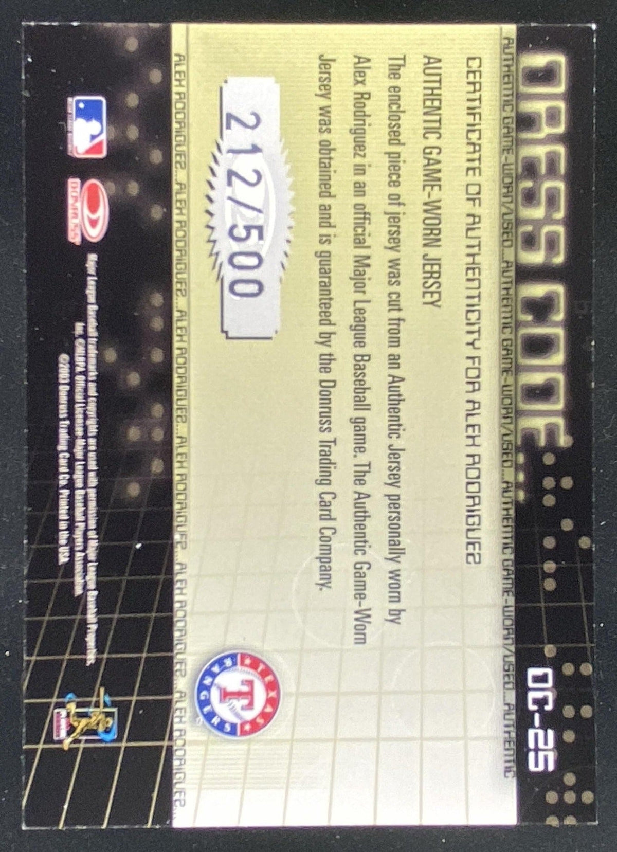 2003 Donruss Classics Alex Rodriguez #DC-25 trading card