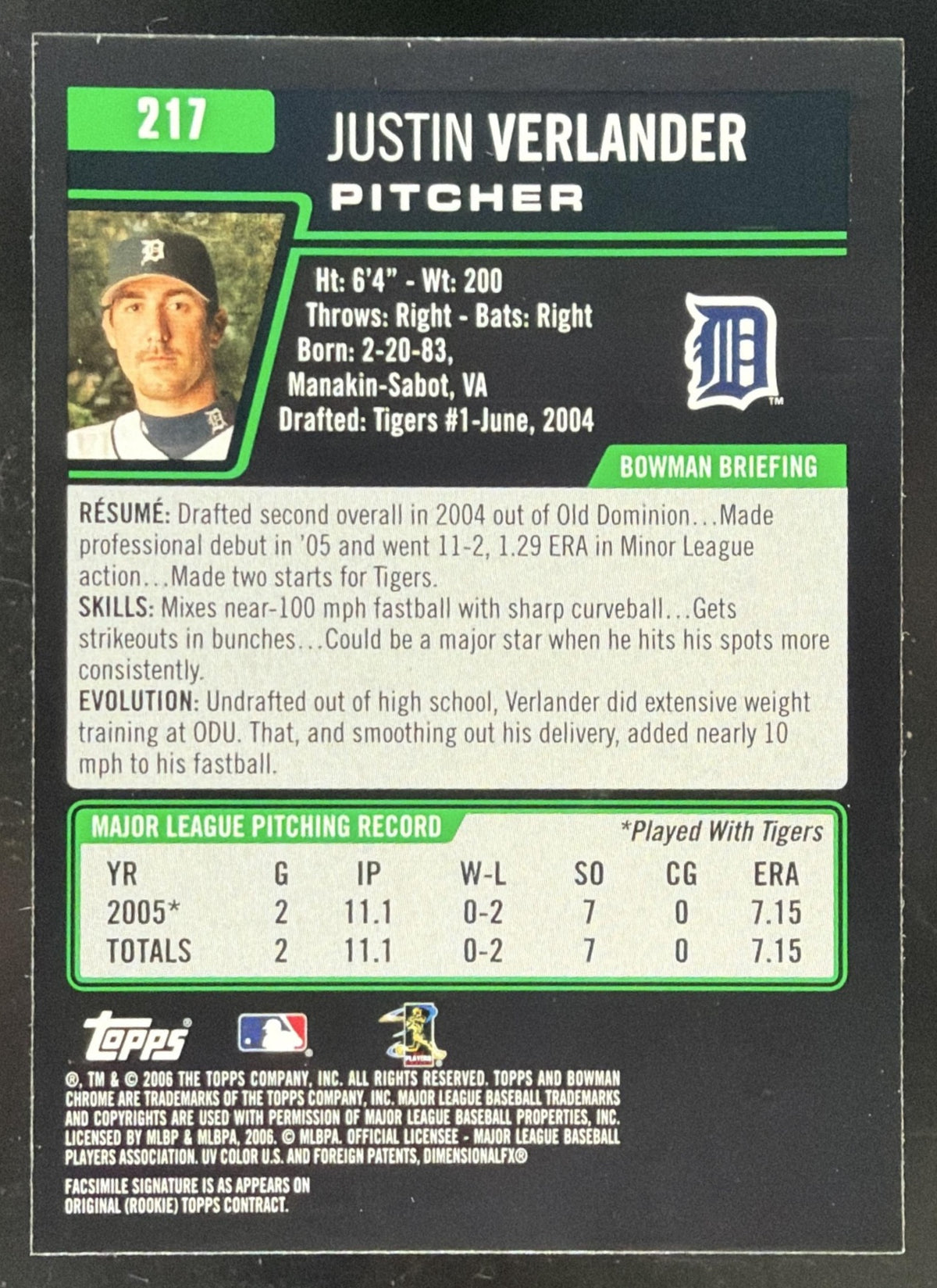 2006 Bowman Chrome Justin Verlander