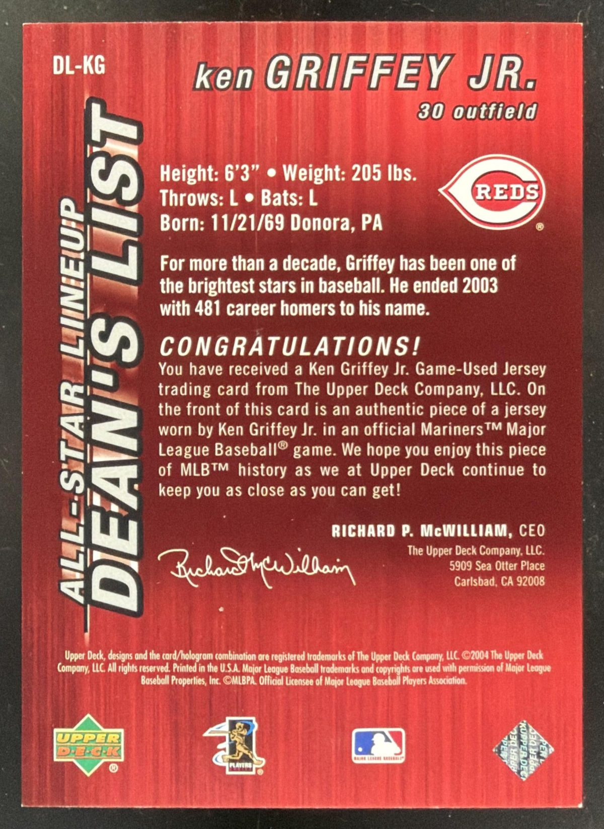 2004 Upper Deck Diamond Collection Dean's List Ken Griffey Jr. Jersey