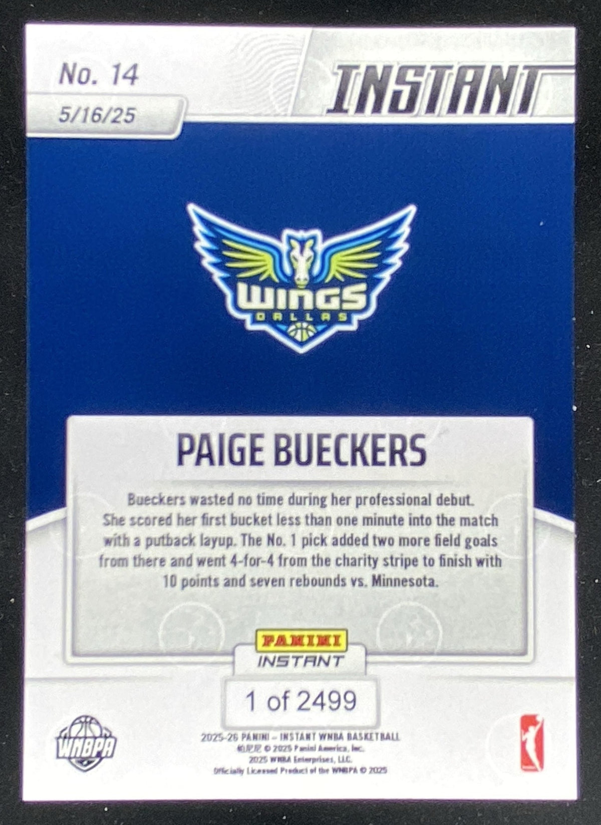 2025 Panini Instant WNBA Paige Bueckers #14 trading card