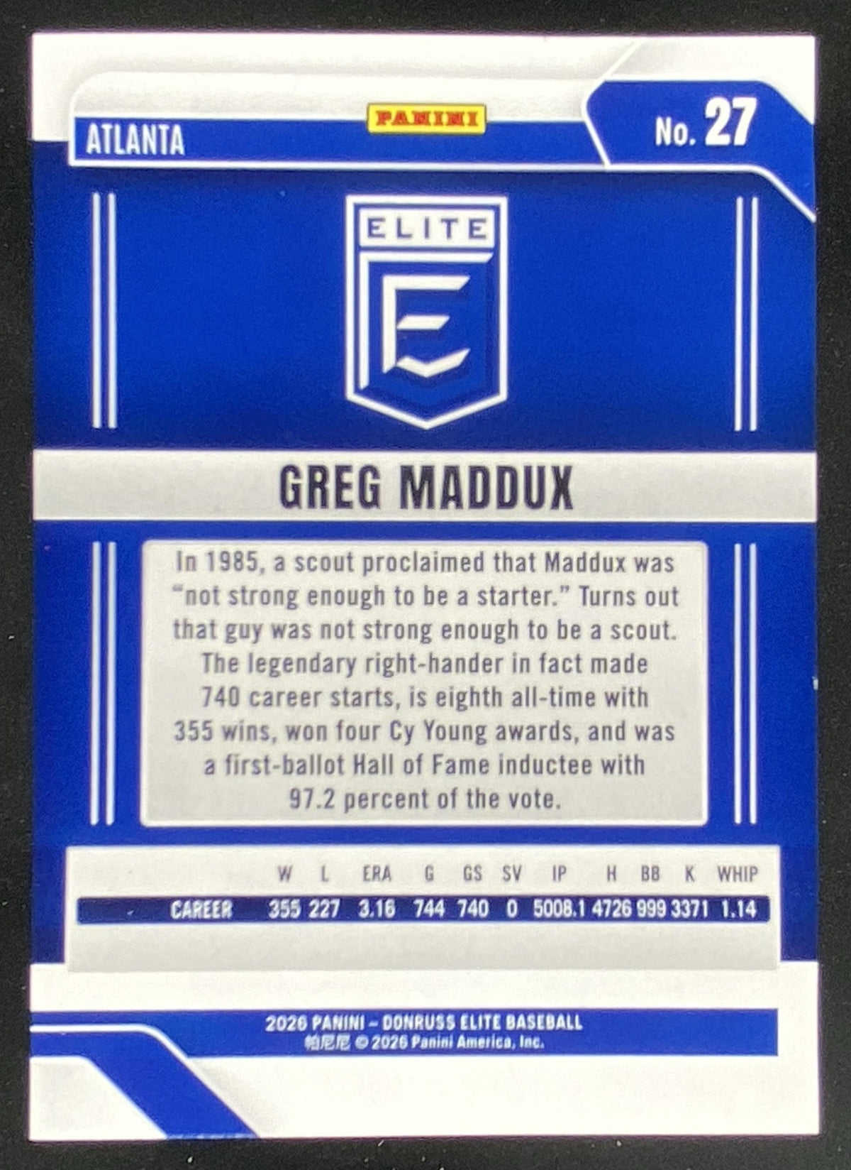 2026 Panini Donruss Elite Greg Maddux #27 trading card