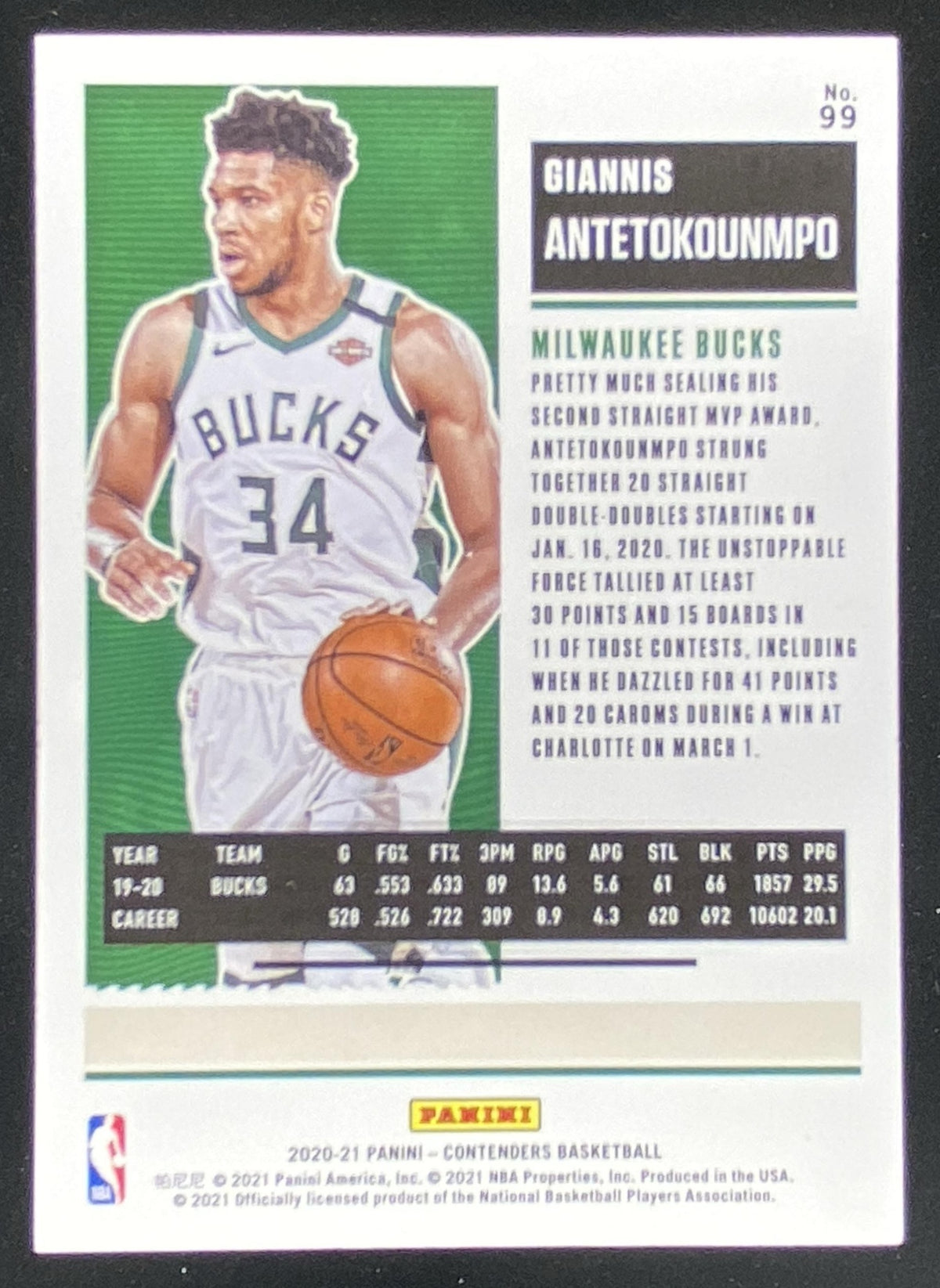 2020 Panini Contenders Giannis Antetokounmpo #99 trading card