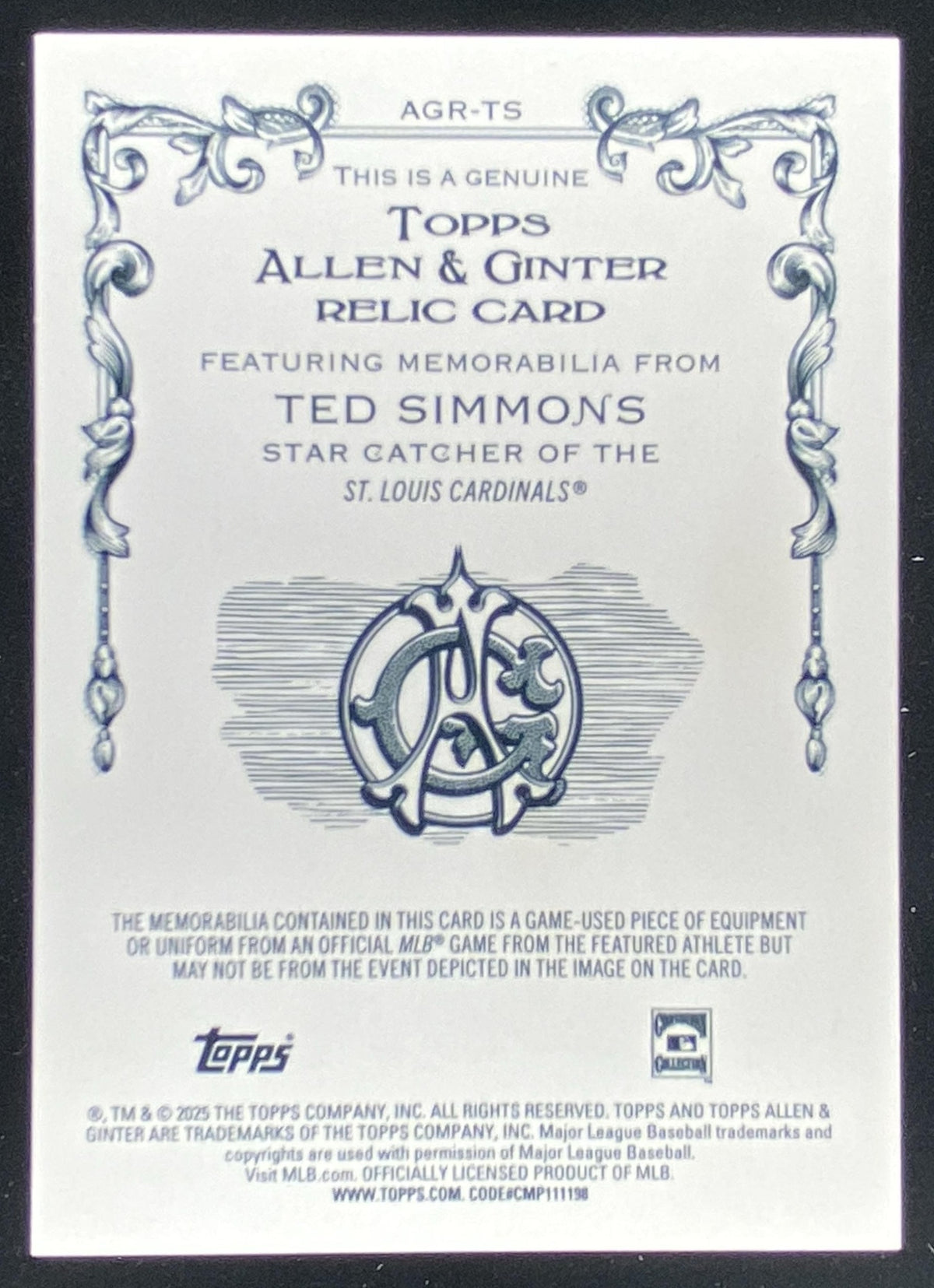 2025 Topps Allen & Ginter Ted Simmons #AGR-TS trading card