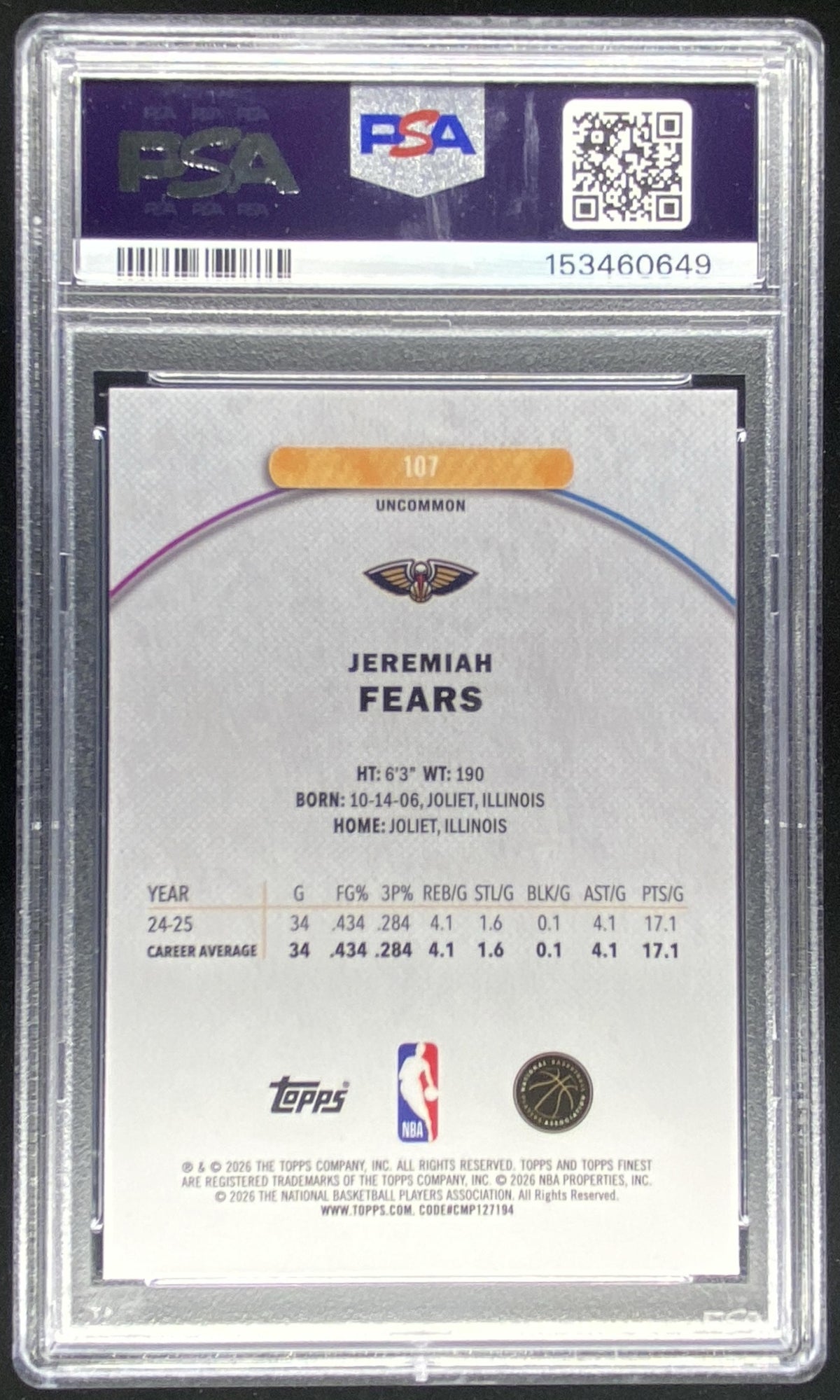 2025 Topps Finest Jeremiah Fears #107 graded PSA 10 trading card