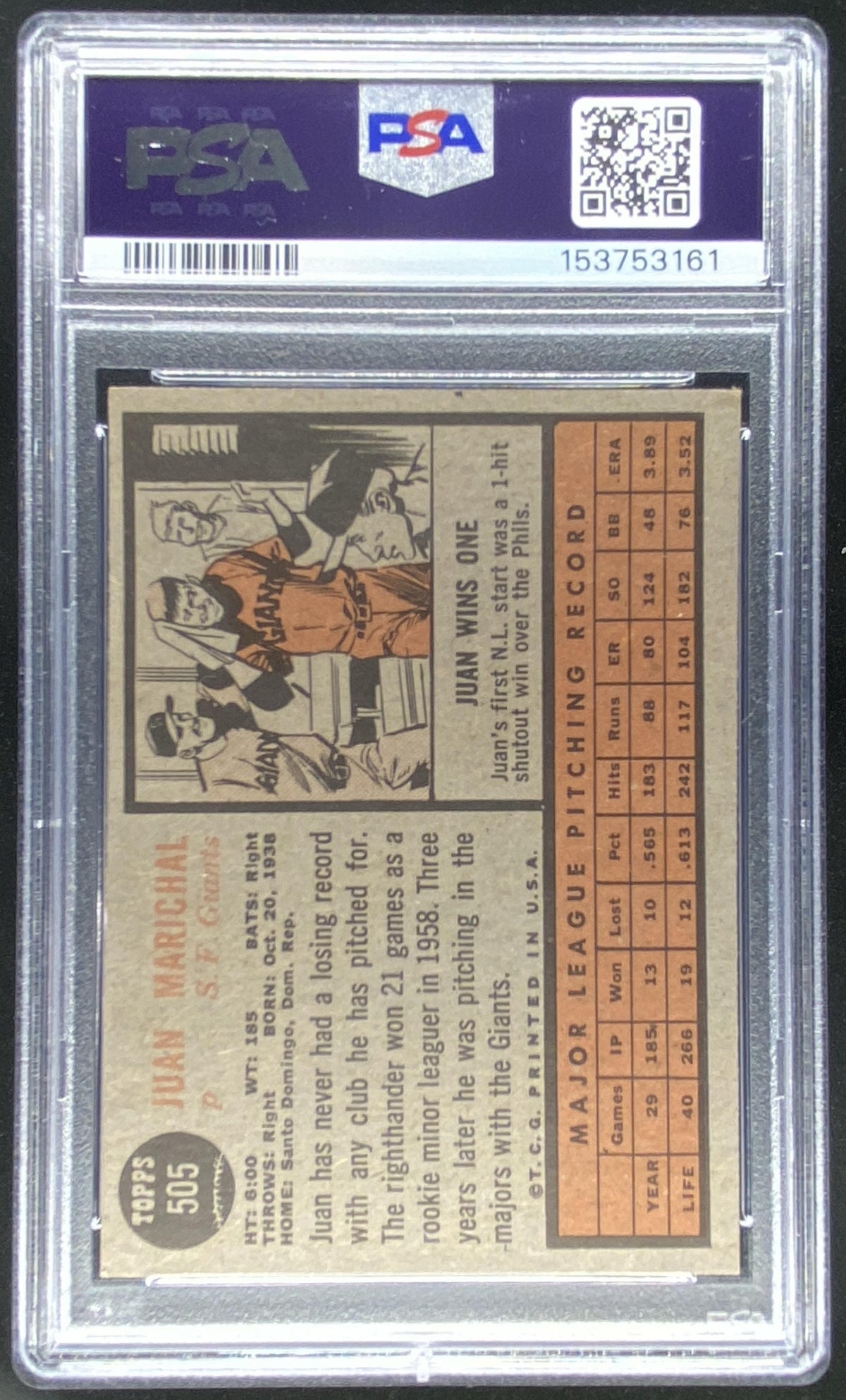 1962 Topps Juan Marichal #505 graded PSA 4 trading card