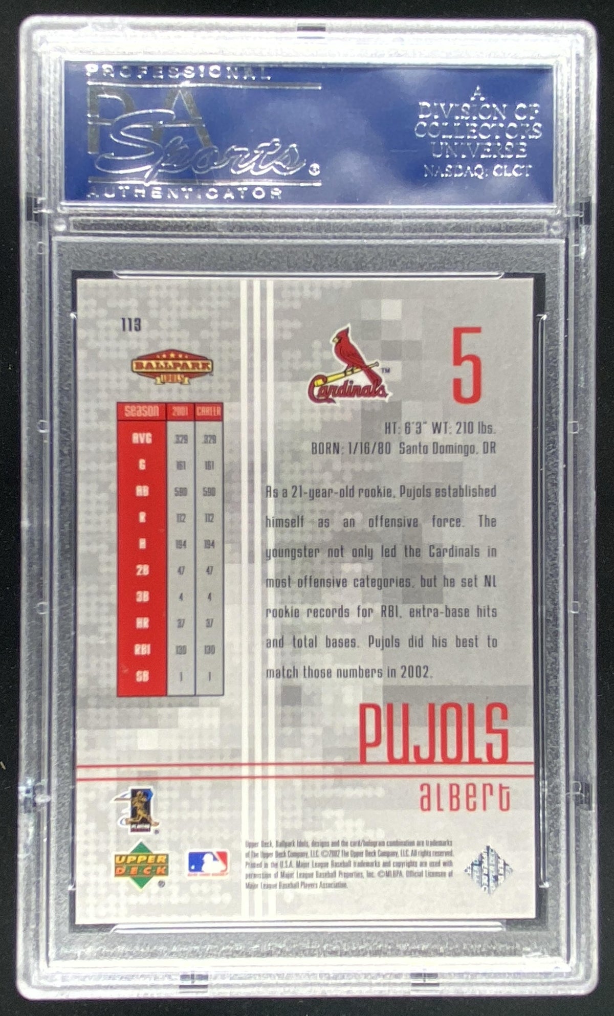 2002 Upper Deck Ballpark Idols Albert Pujols #113 graded PSA 10 trading card