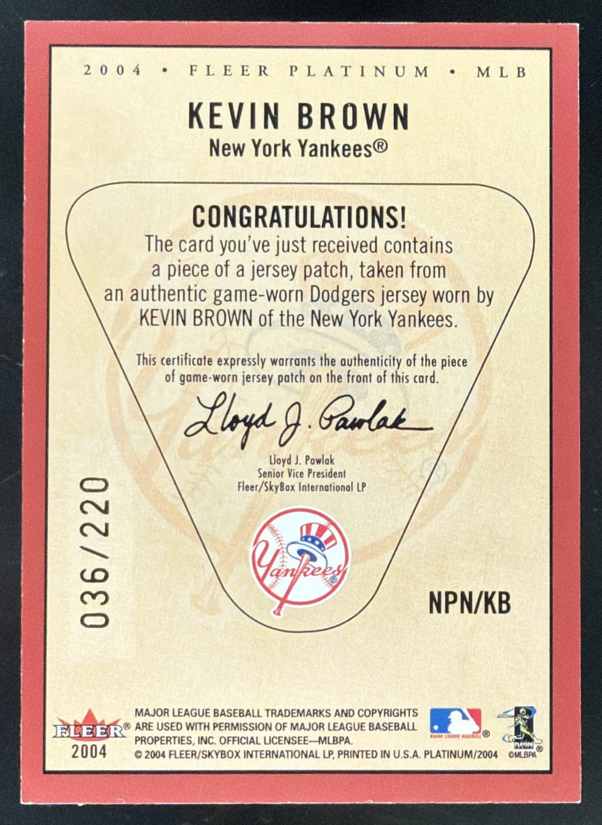 2004 Fleer Platinum Nameplates Kevin Brown Patch /220
