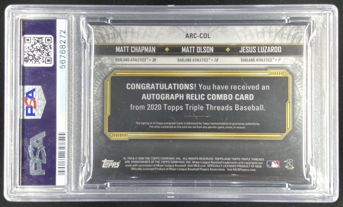 2020 Topps Triple Threads Matt Chapman / Matt Olson / Jesús Luzardo #ARC-COL graded PSA 10 trading card