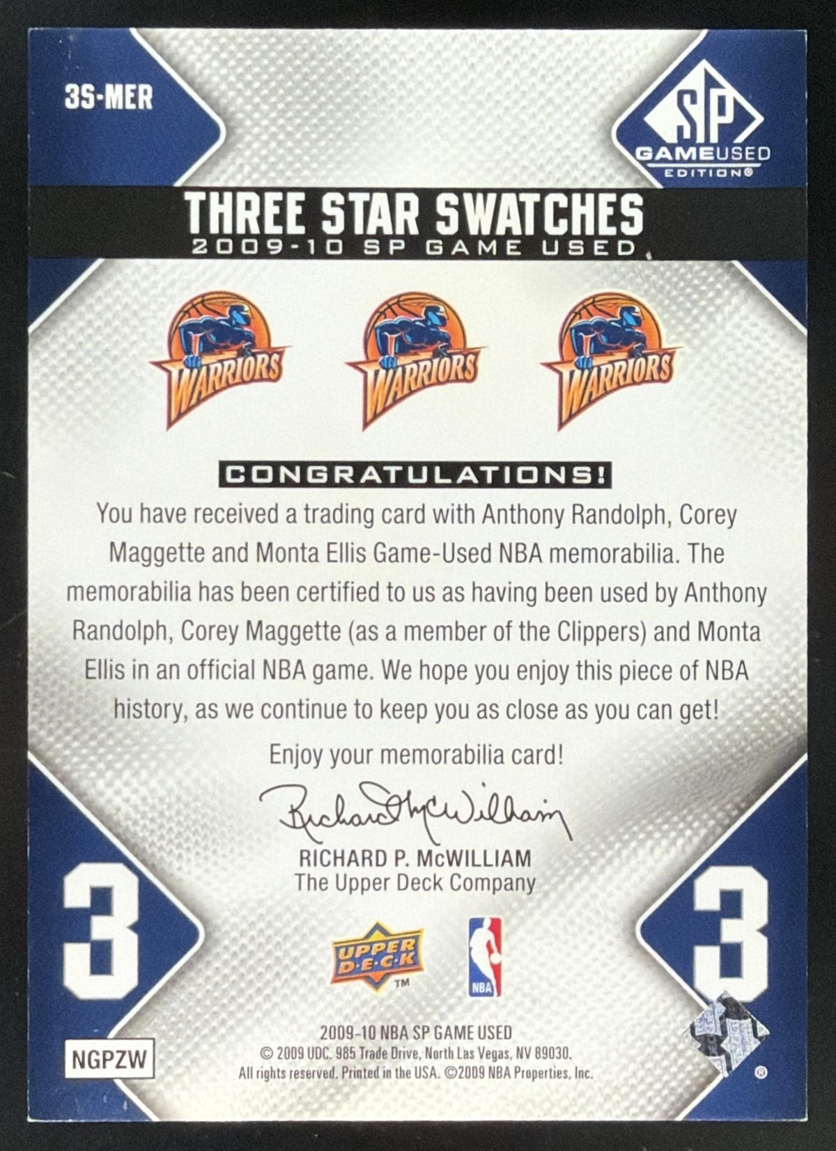 2009 SP Game Used Maggette / Monta Ellis / Anthony Randolph Triple Jersey /125