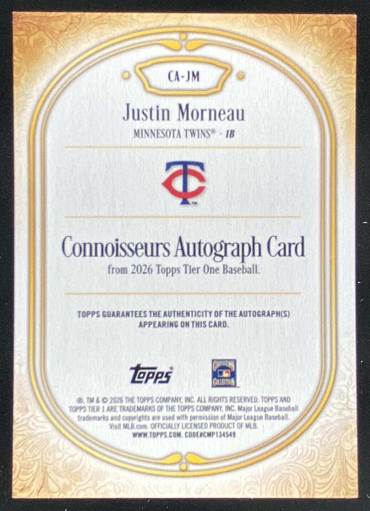 2026 Topps Tier One Justin Morneau #CA-JM trading card