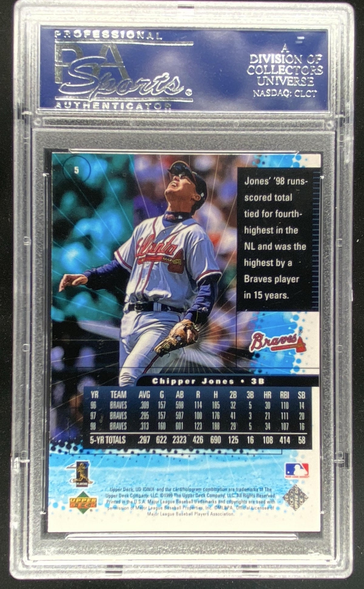 1999 Upper Deck Ionix Chipper Jones #5 graded PSA 10 trading card