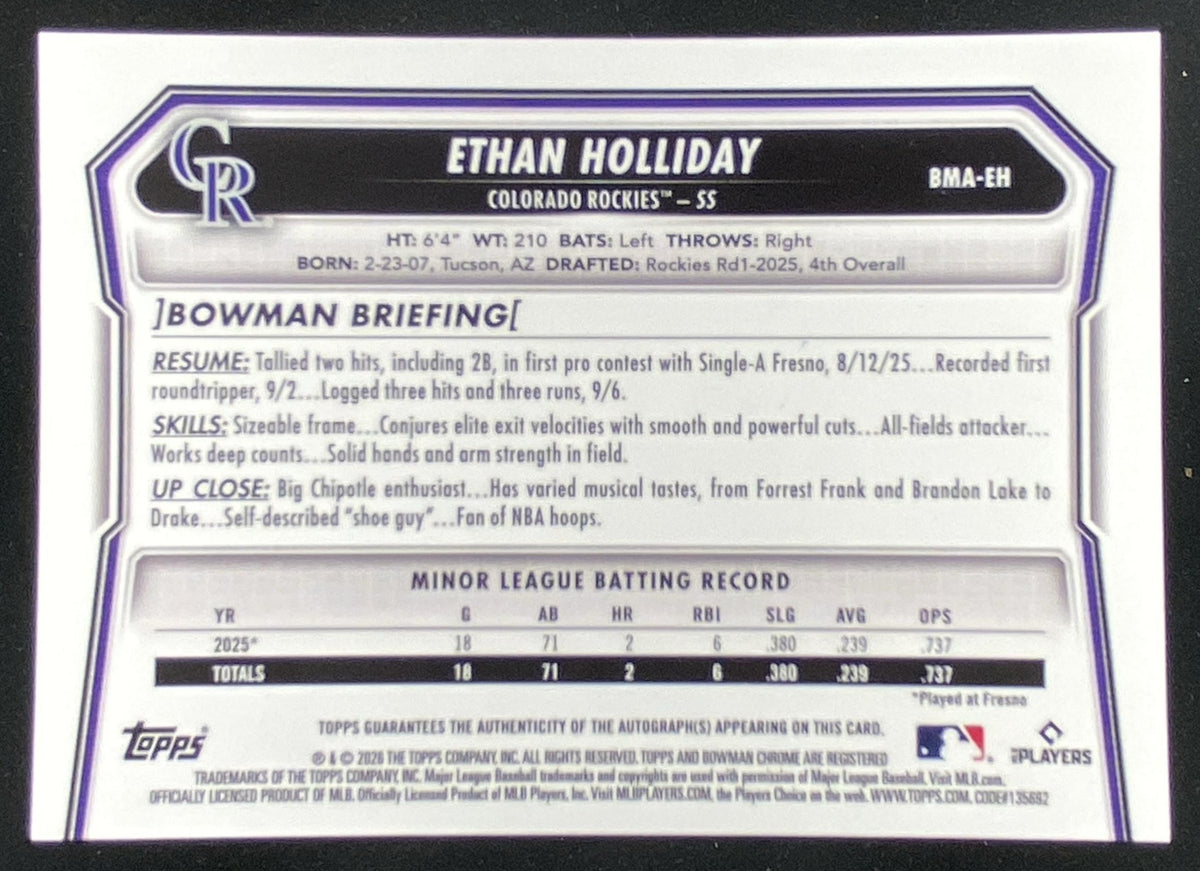 2026 Bowman Chrome Ethan Holliday #BMA-EH trading card